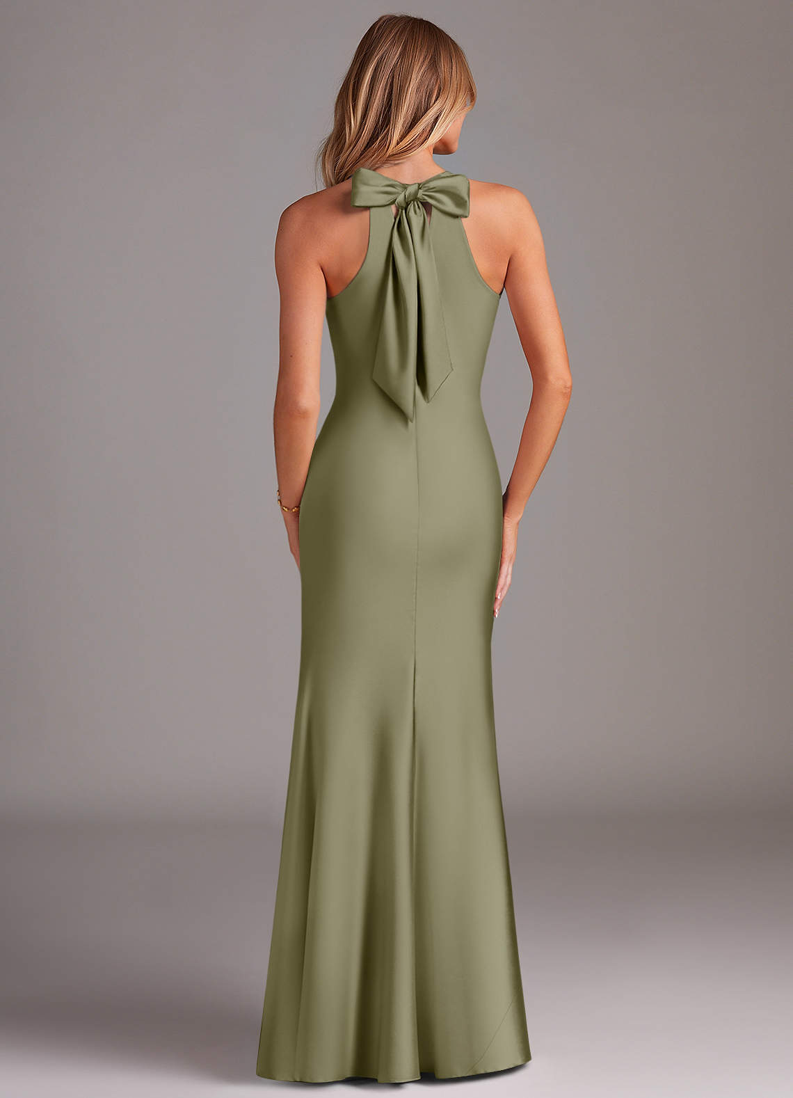 Azazie Plus Size Mermaid Halter Neck Floor-Length Stretch Satin Bridesmaid Dresses - Pistachio