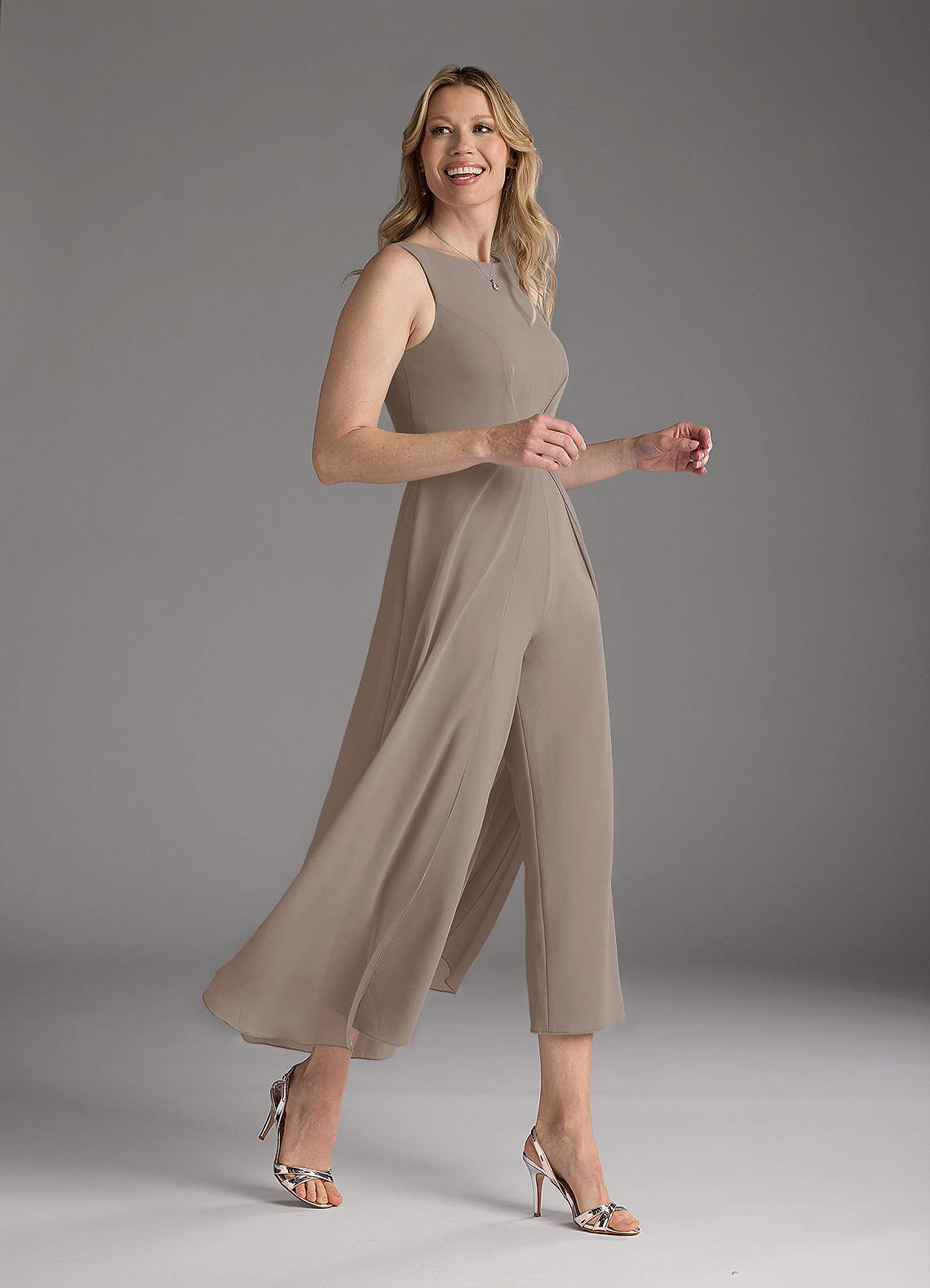 Azazie Anitta Mother of the Bride Dresses Taupe Jumpsuit/Pantsuit Pleated Stretch Crepe Dress image3