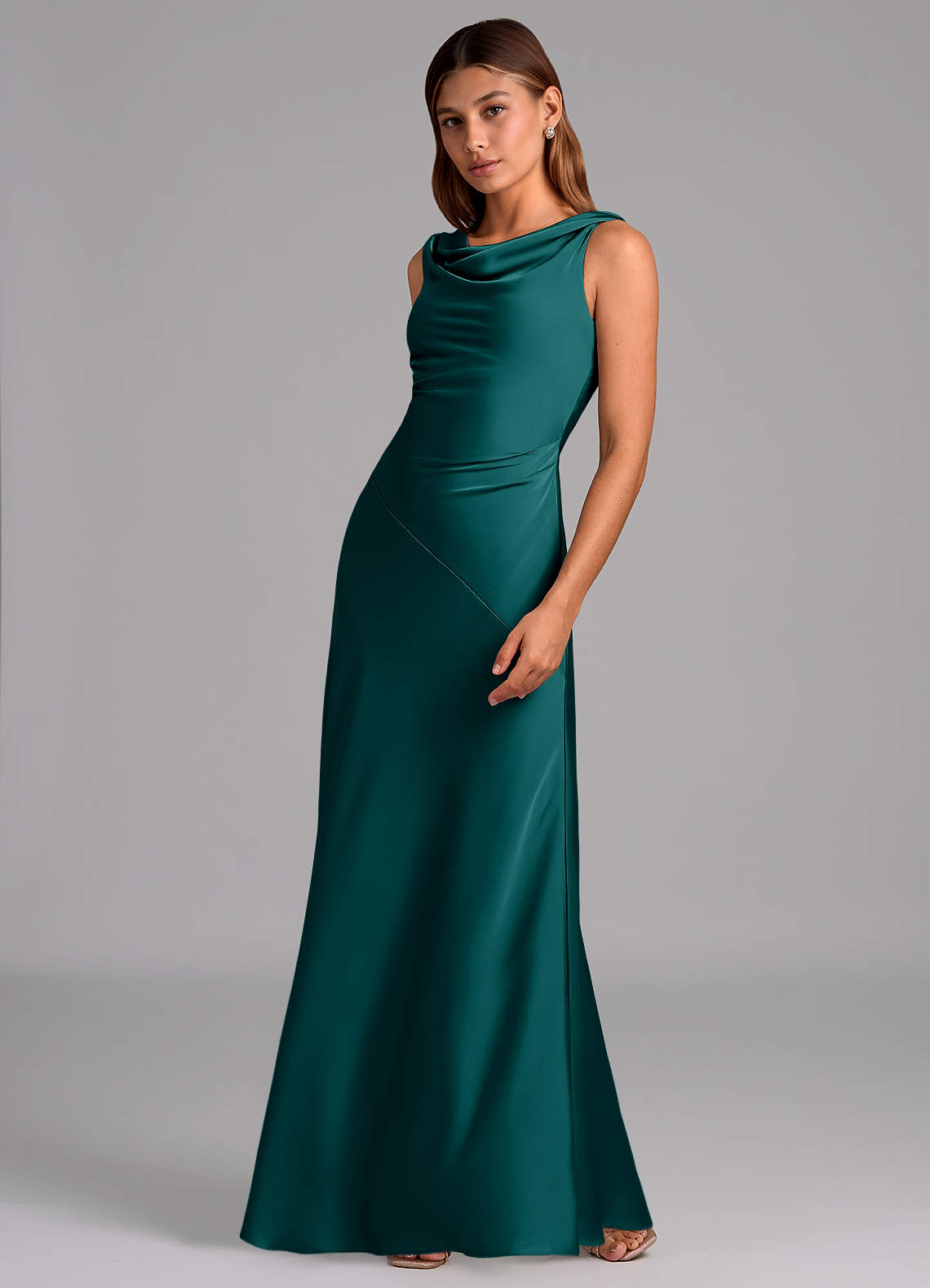 Azazie A-Line Cowl Floor-Length Stretch Satin Bridesmaid Dresses Peacock/Emerald Green
