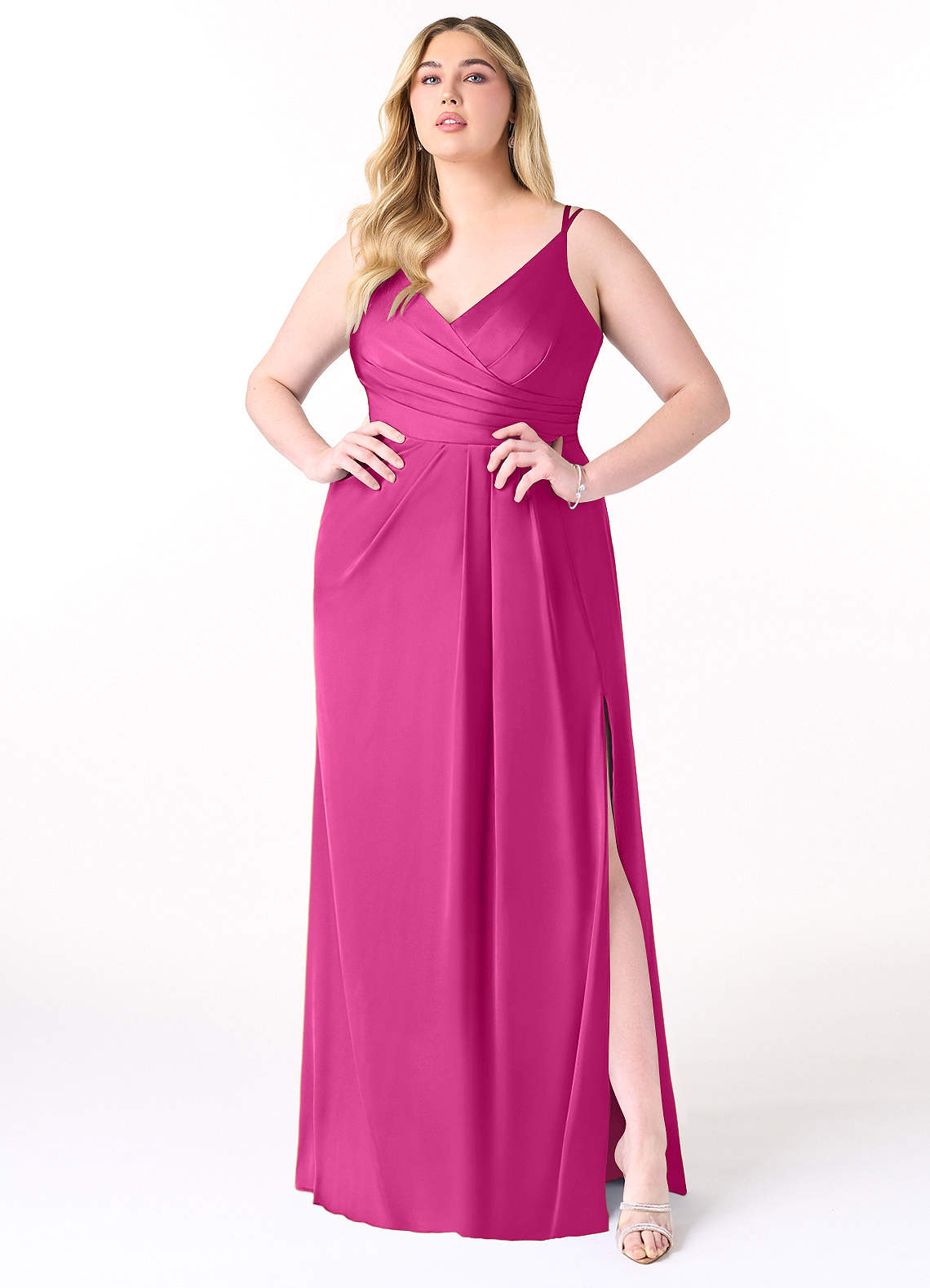 Azazie Aqua Brautjungfernkleider A-Linie V-Hals Gefaltet Stretch-Satin Kleid Fuchsia image1