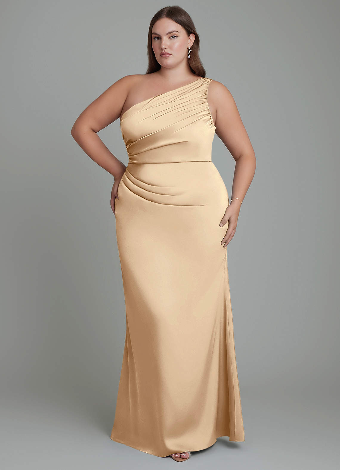 Azazie Akilah Bridesmaid Dresses Champagne Mermaid One Shoulder Stretch Satin Dress image1