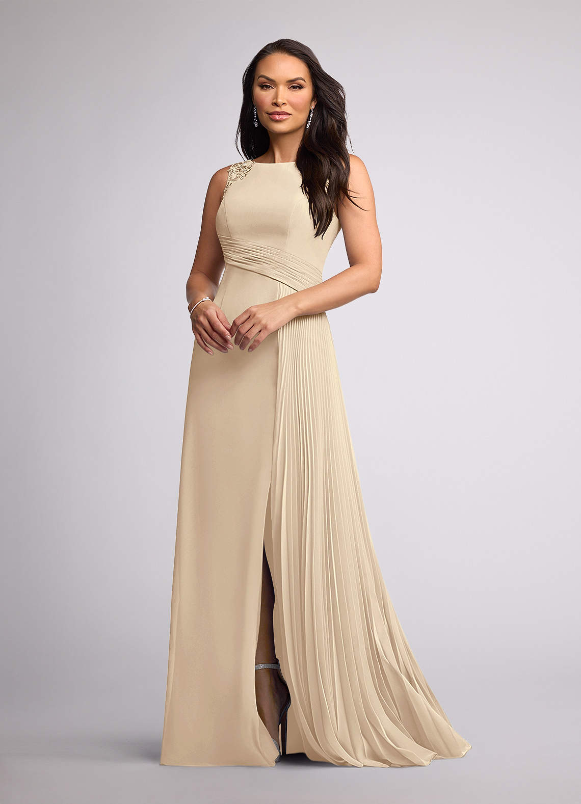 Azazie Galvan vestidos de madre de la novia Vestido de Champán de Gasa de Corte En A con Lentejuela image1