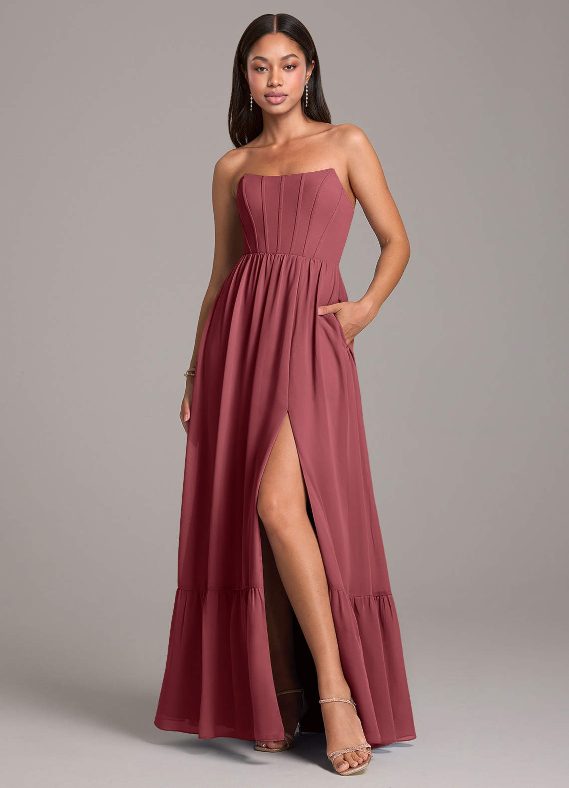 Azazie Kailee Bridesmaid Dresses Merlot A-Line with Pockets Chiffon Dress image1
