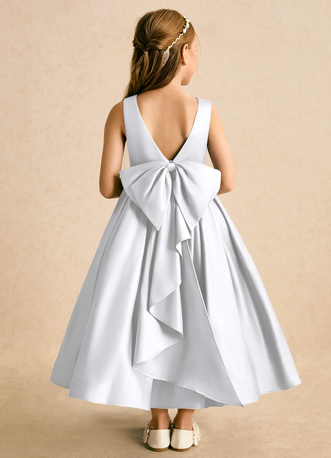 Azazie Cailee Flower Girl Dresses White Ball-Gown Pleated Matte Satin Dress image1