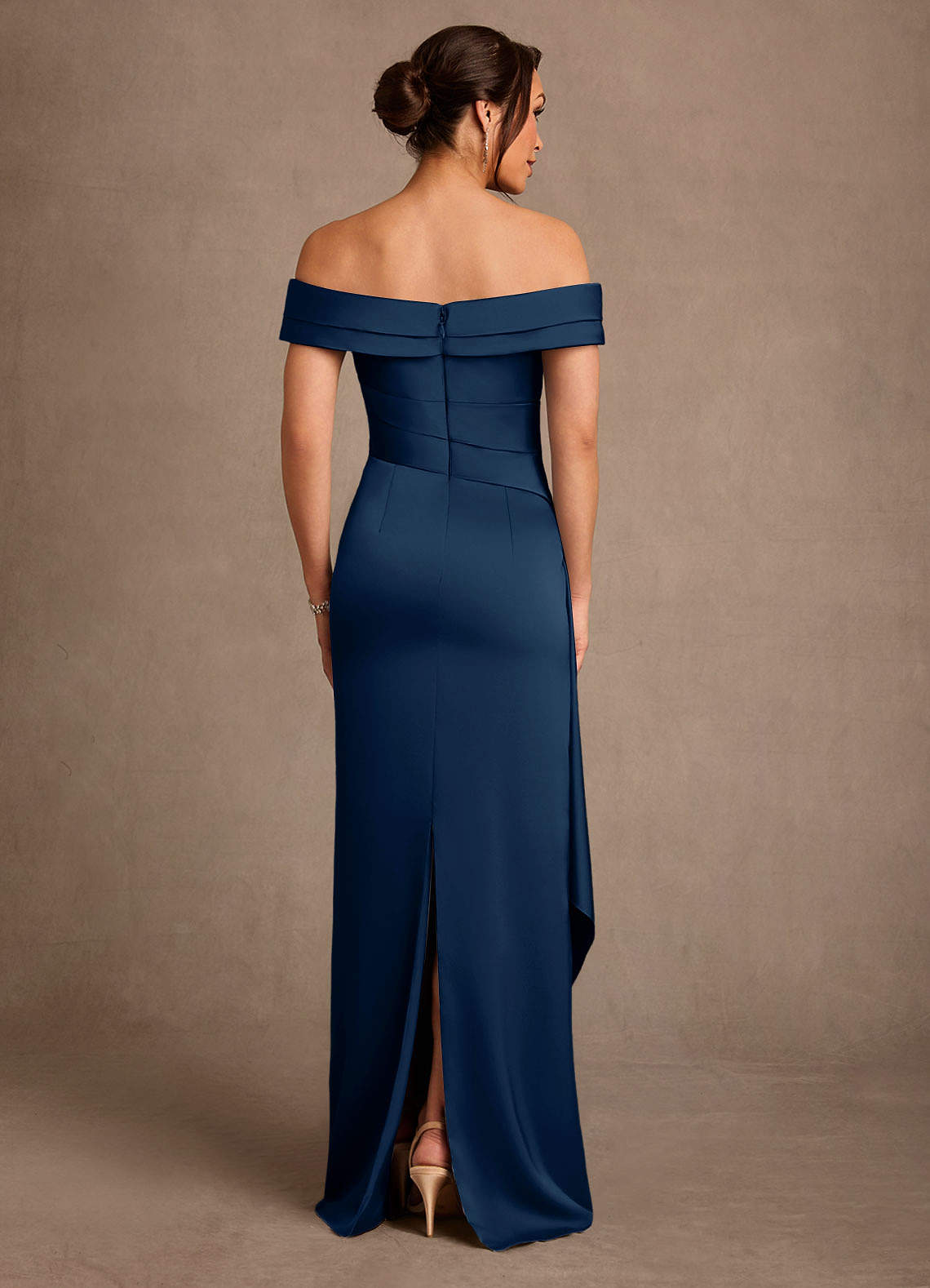 Azazie Beah Final Sale Ganache Sheath Off the Shoulder Stretch Satin Dress image2