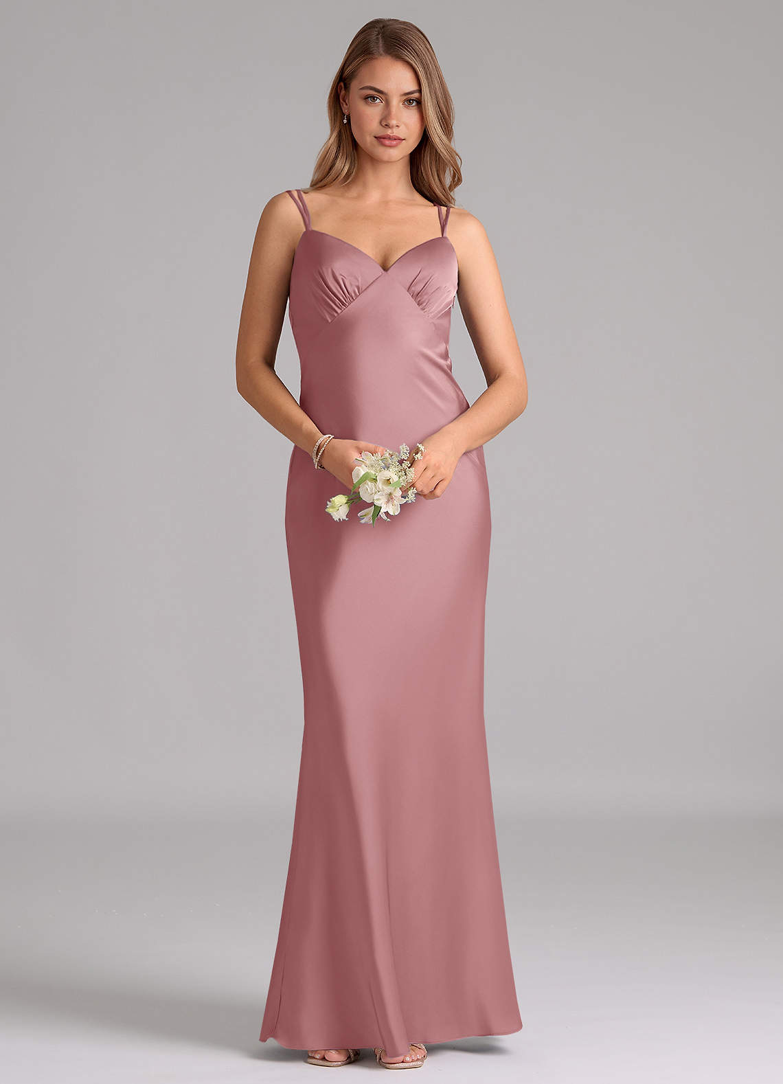Azazie Suttona Vestidos de damas de honor Vestido de Rosa Polvorienta de Satén Elástico de Corte en A con Plisado image5