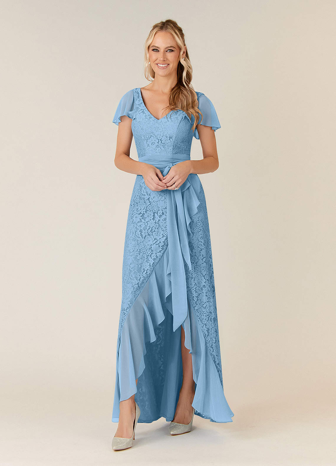 Azazie Knox Steel Blue A-Line V-Neck Chiffon Dress Ready to Ship