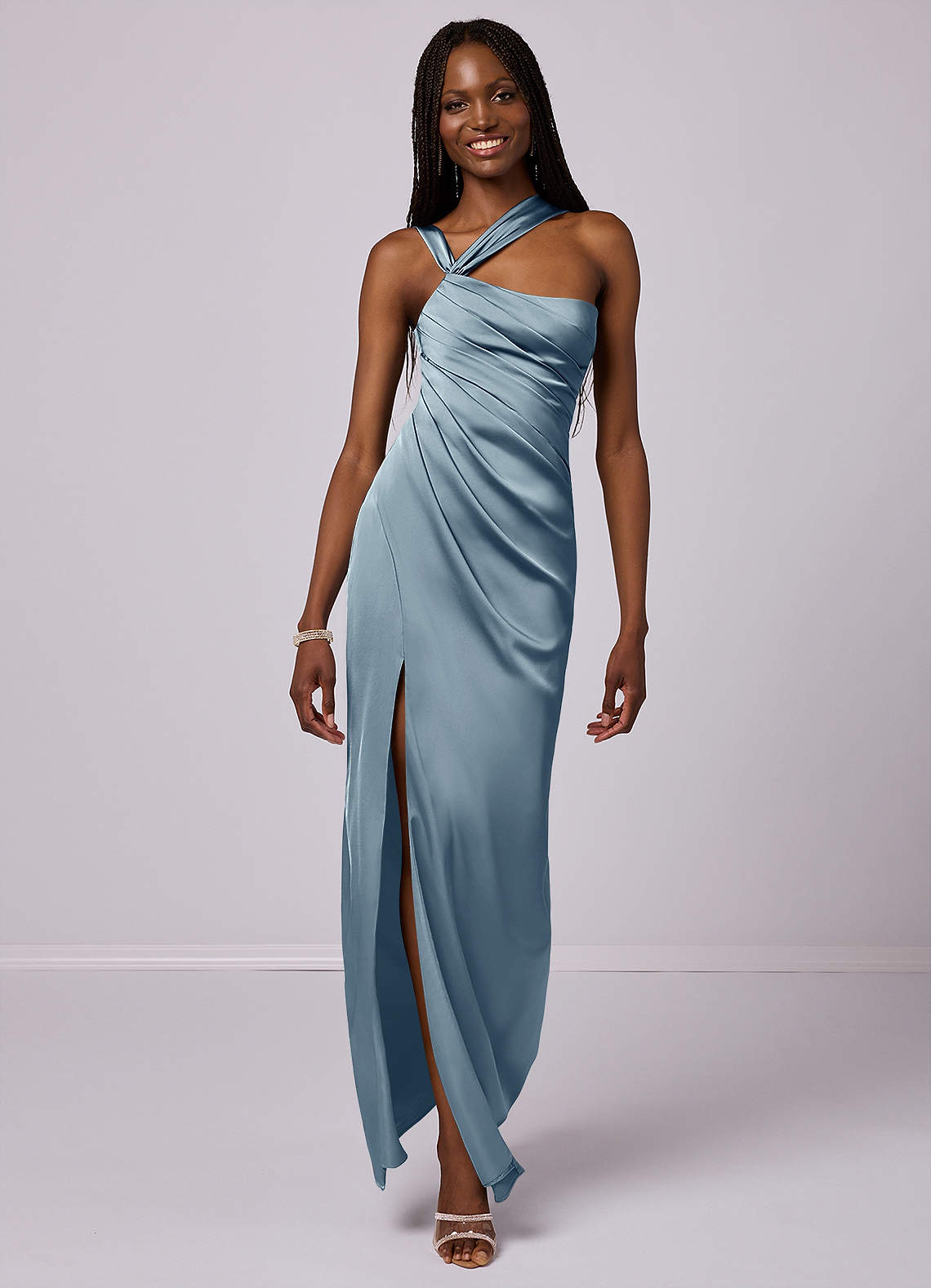 Barbie ♥ Azazie Bridesmaid Dresses Dusty Blue Mermaid One Shoulder Stretch Satin Dress image1