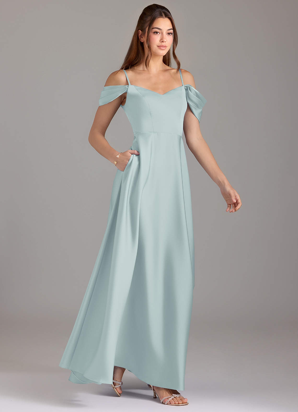 fog colored bridesmaid dresses Chic A Line Dusty Blue Chiffon Slit Bridesmaid Dress with Flared Sleev –  Anniebride main image 0
