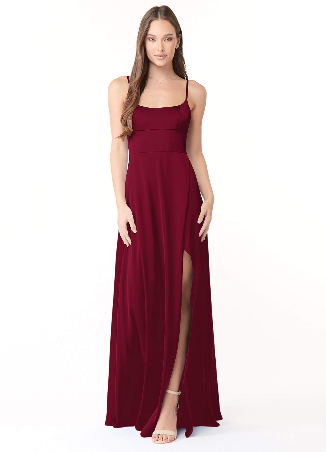 Azazie Halsey Bridesmaid Dresses Burgundy Sheath Side Slit Stretch Satin Dress image1