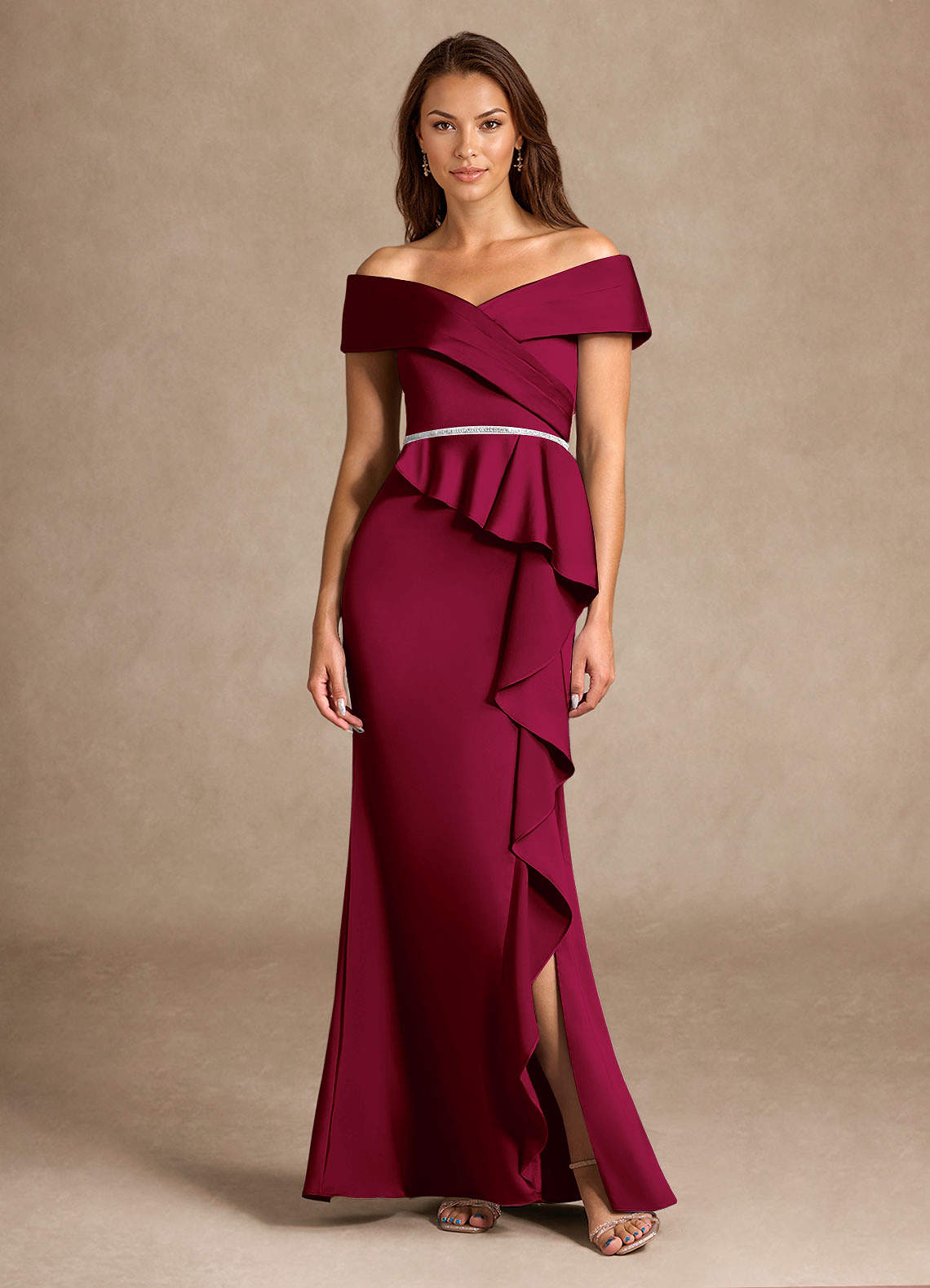 Azazie Dareia Mother of the Bride Dresses Burgundy Mermaid Off the Shoulder Stretch Satin Dress image1