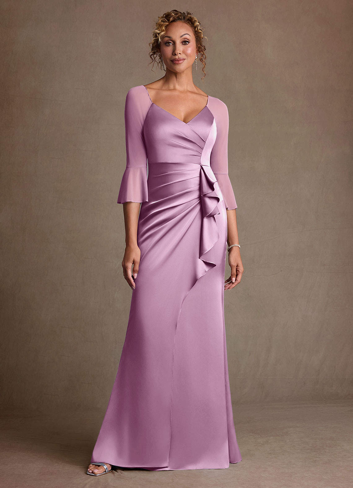 Azazie Sheath V-Neck Floor-Length Mesh Mother of The Bride or Groom Dresses - Wisteria