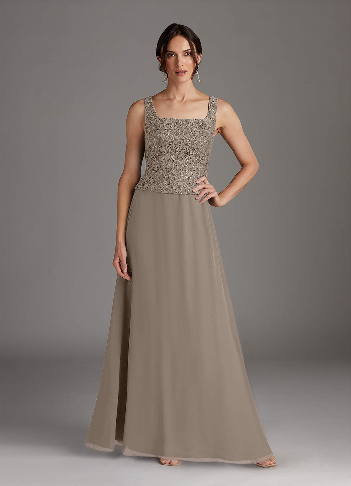 Azazie Cornelia Taupe Sheath Square Neckline Sequins Chiffon Dress