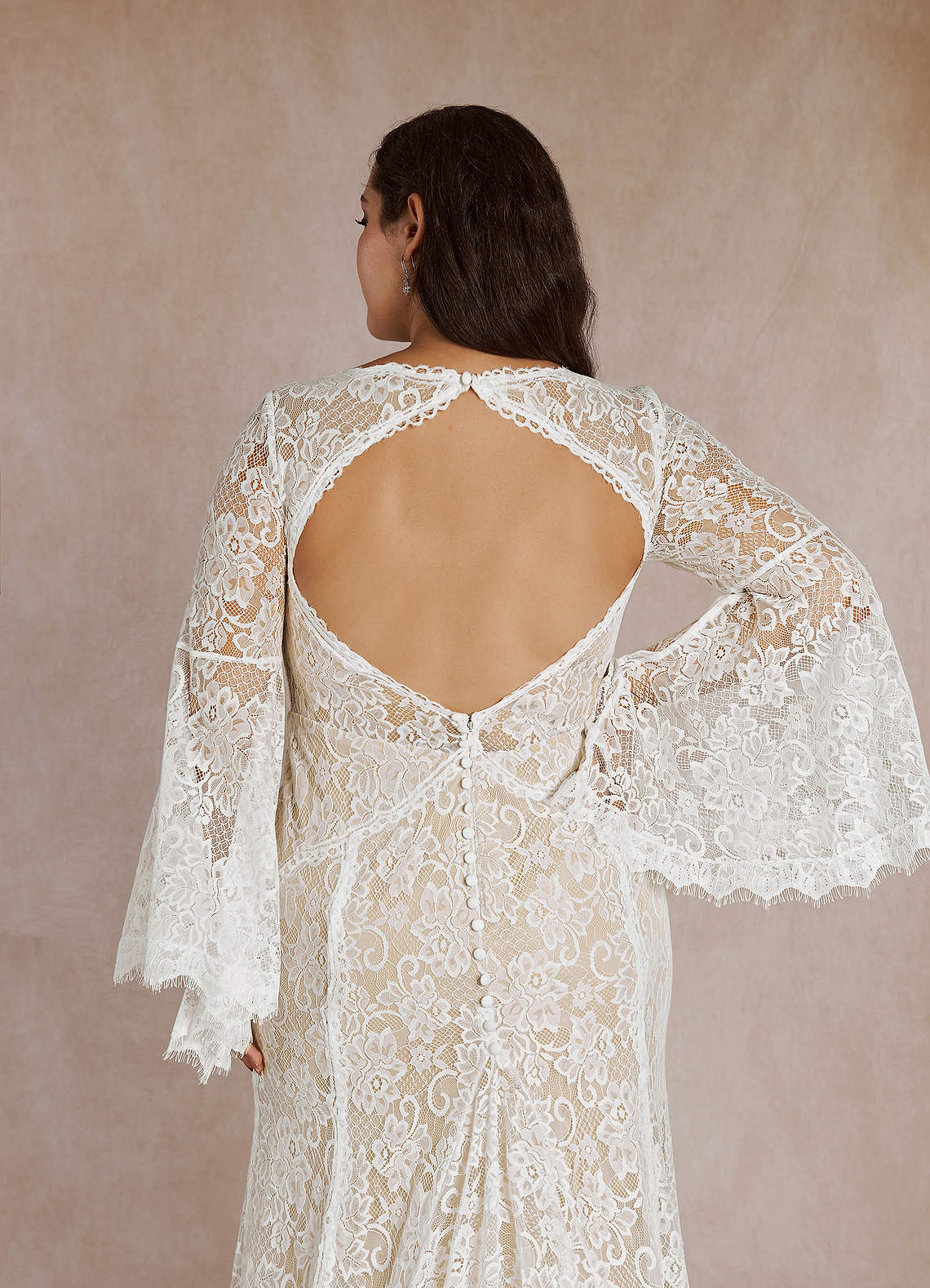 Azazie Hayes At-home Try On Dresses Diamond White Champagne Mermaid V-Neck Lace Dress image13