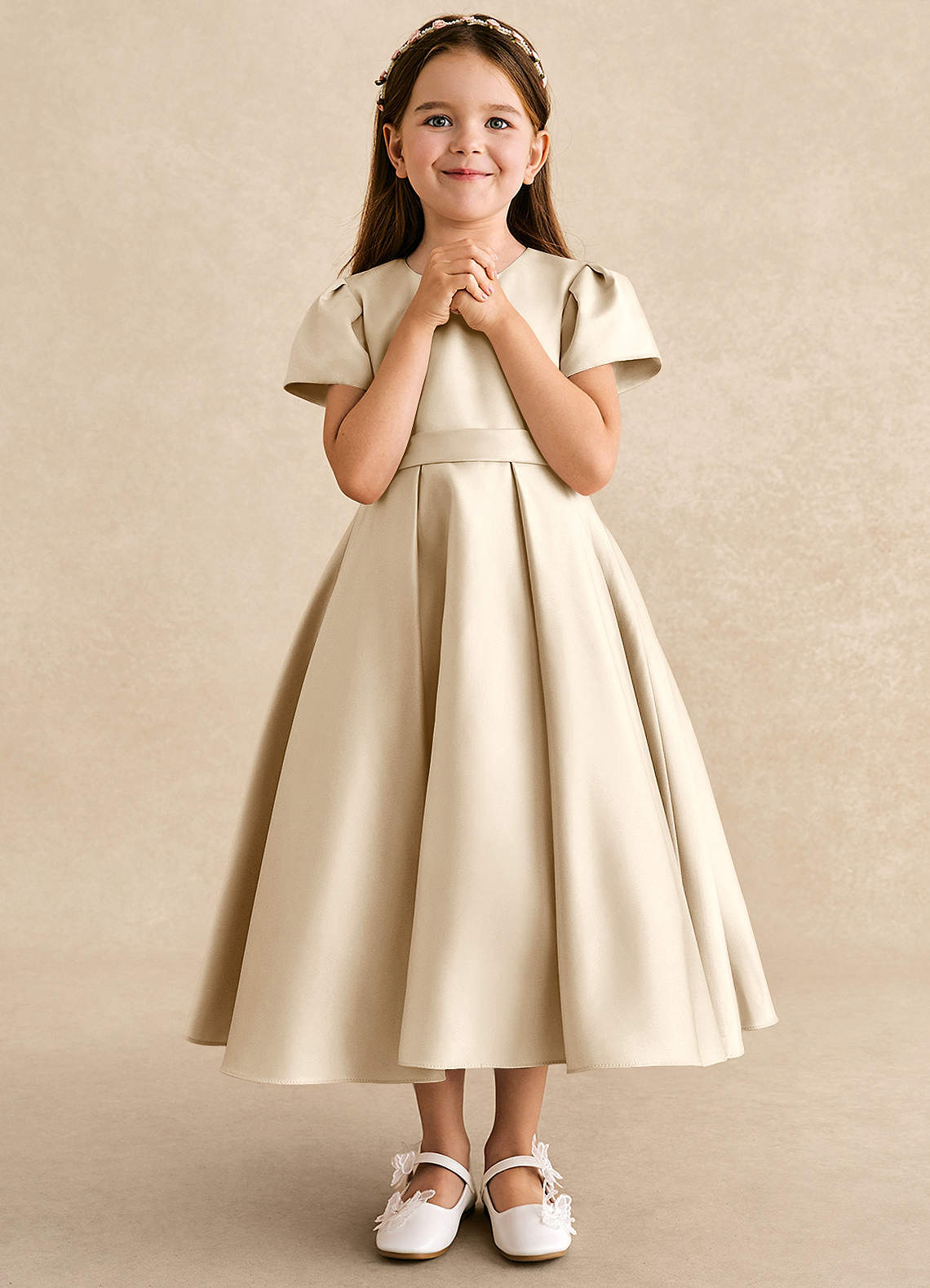 Azazie Princess Flower Girl Dresses Champagne A-Line Pleated Matte Satin Dress image3
