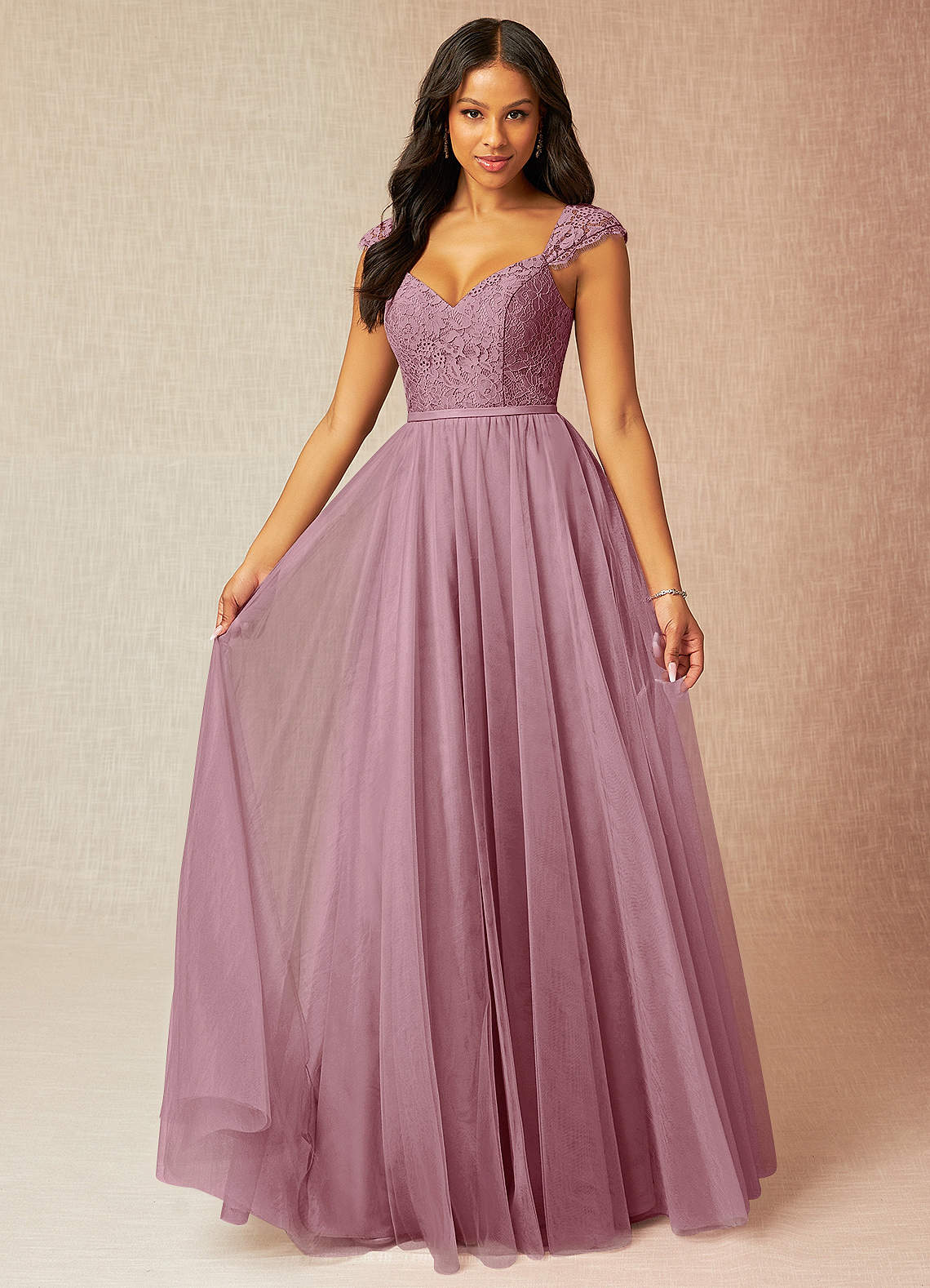 Azazie Luxi Bridesmaid Dresses Vintage Mauve A-Line Pleated Tulle Dress image1