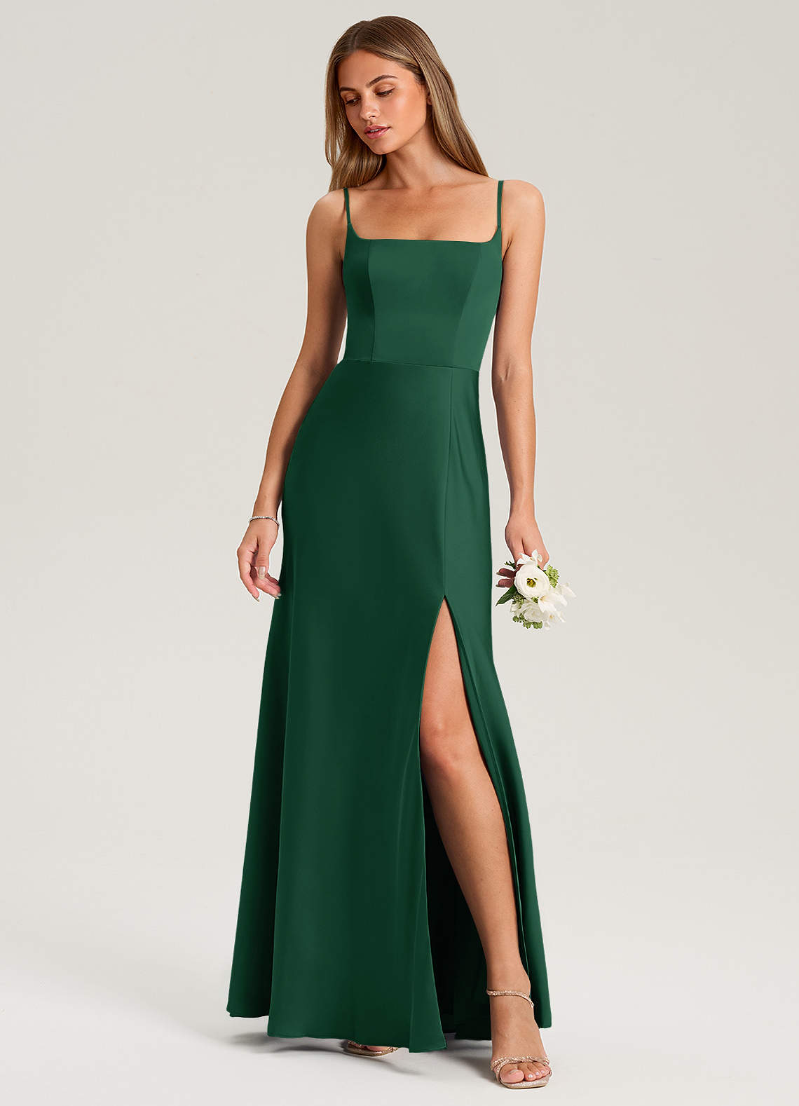 Azazie Lidia Bridesmaid Dresses Dark Green Mermaid Side Slit Stretch Satin Dress image1