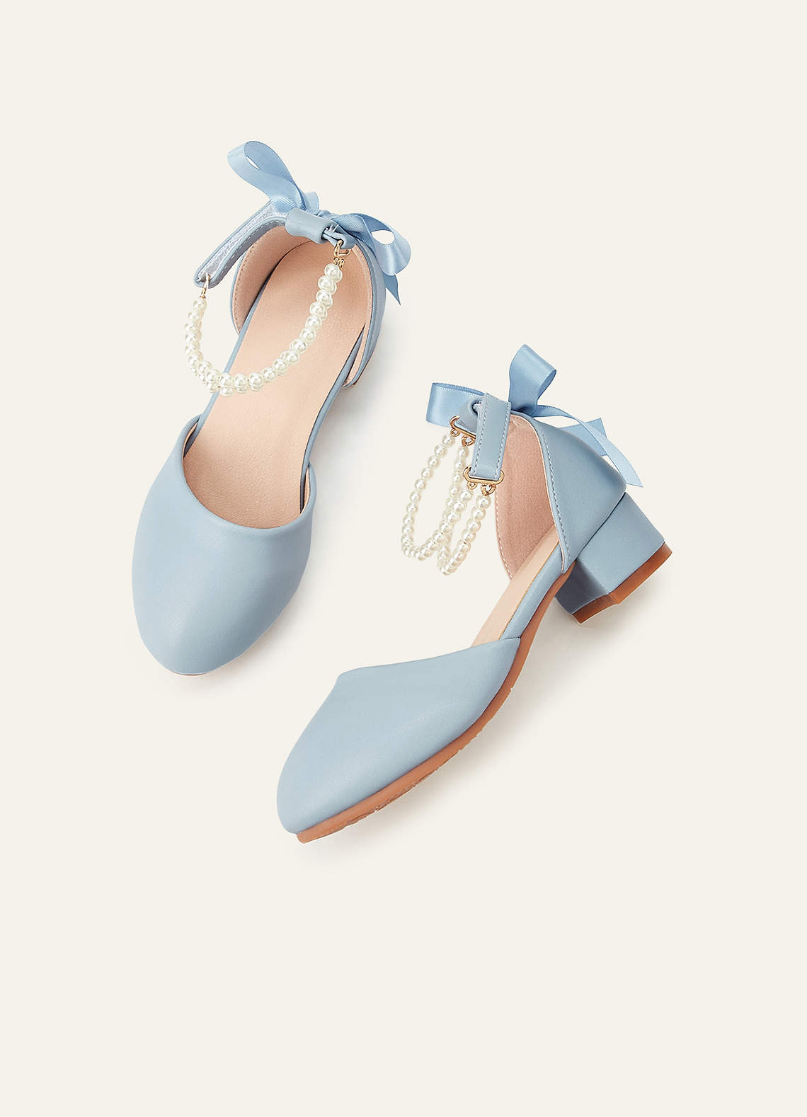 front Satin Bow Pearl Strap Girl's Block Heels for Little & Big Kids