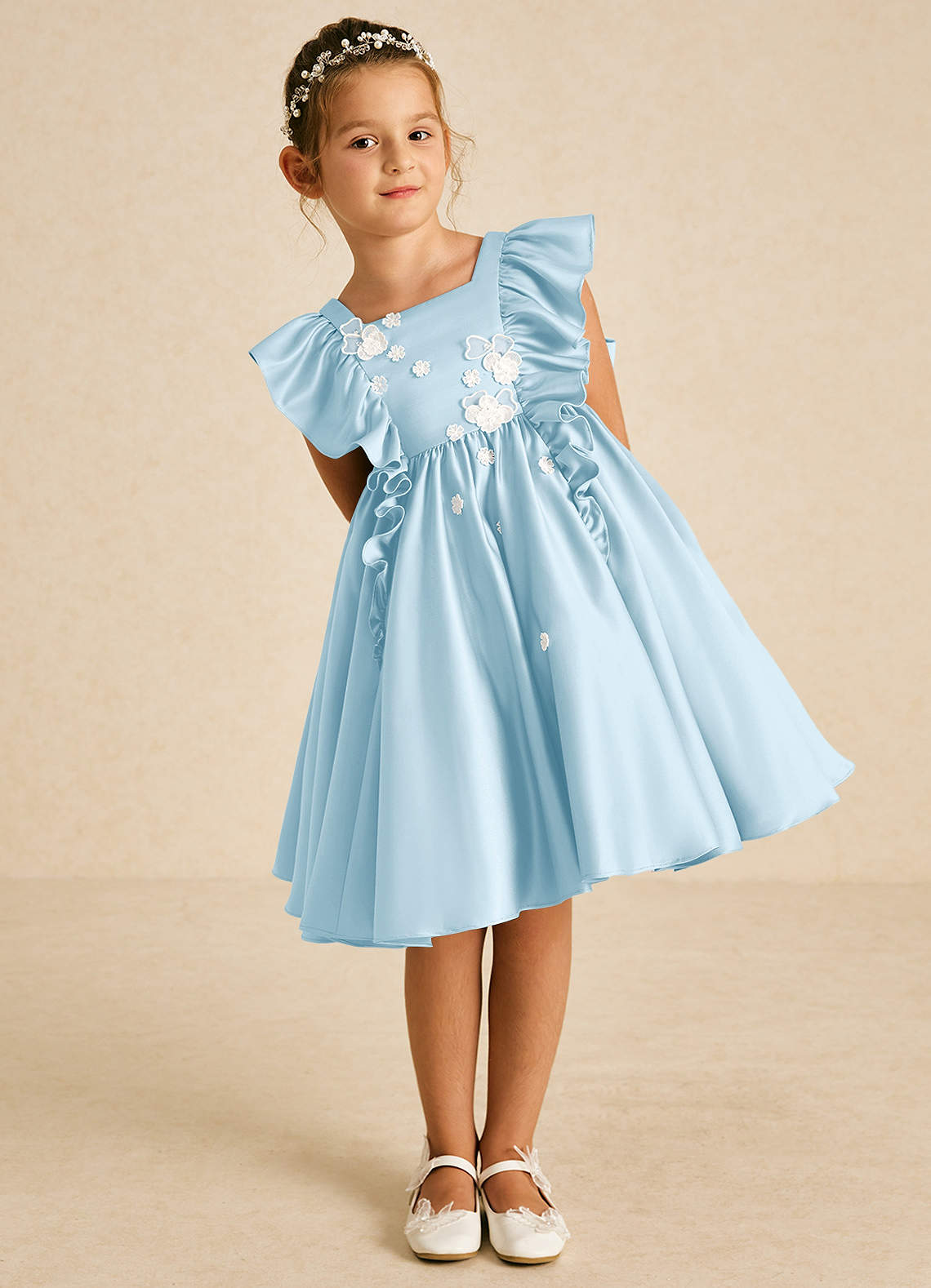 Azazie Sue Ellen Blumenmädchenkleider A-Linie Schleifen Matte Satin Kleid Himmelblau image1