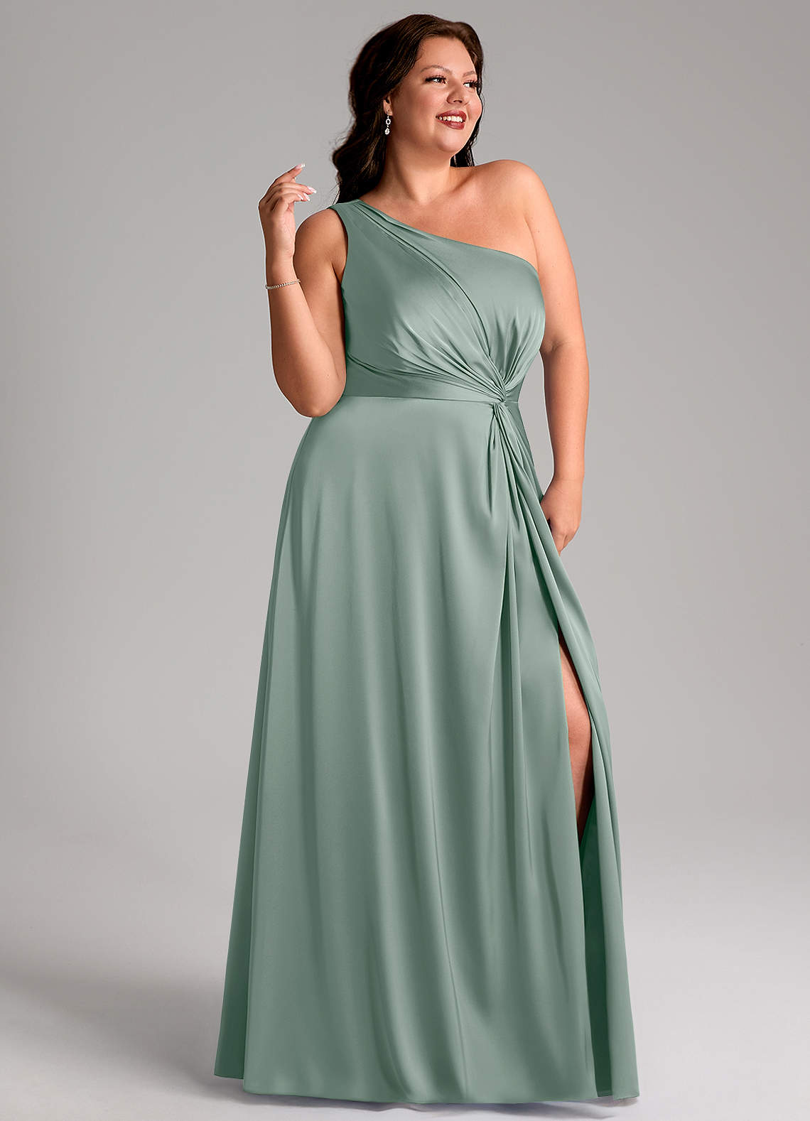 Azazie Brooke At-home Try On Dresses Emerald A-Line One Shoulder Stretch Satin Dress image11