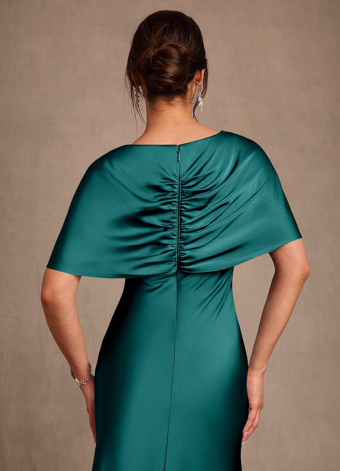 Azazie Dosia Peacock Sheath Pleated Stretch Satin Dress | Azazie