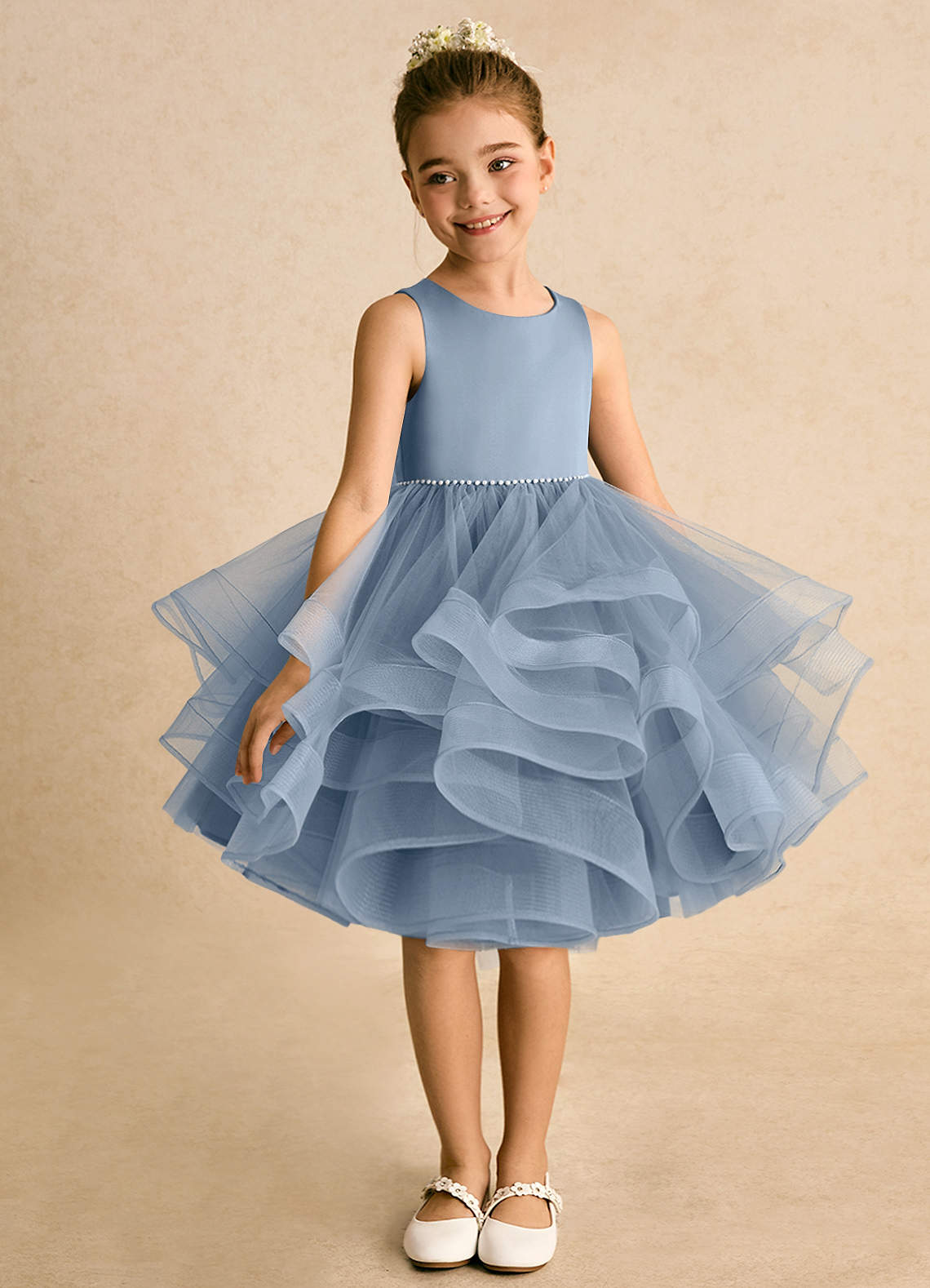 Azazie Tinie Flower Girl Dresses Dusty Blue Ball-Gown Bow Tulle Dress image2