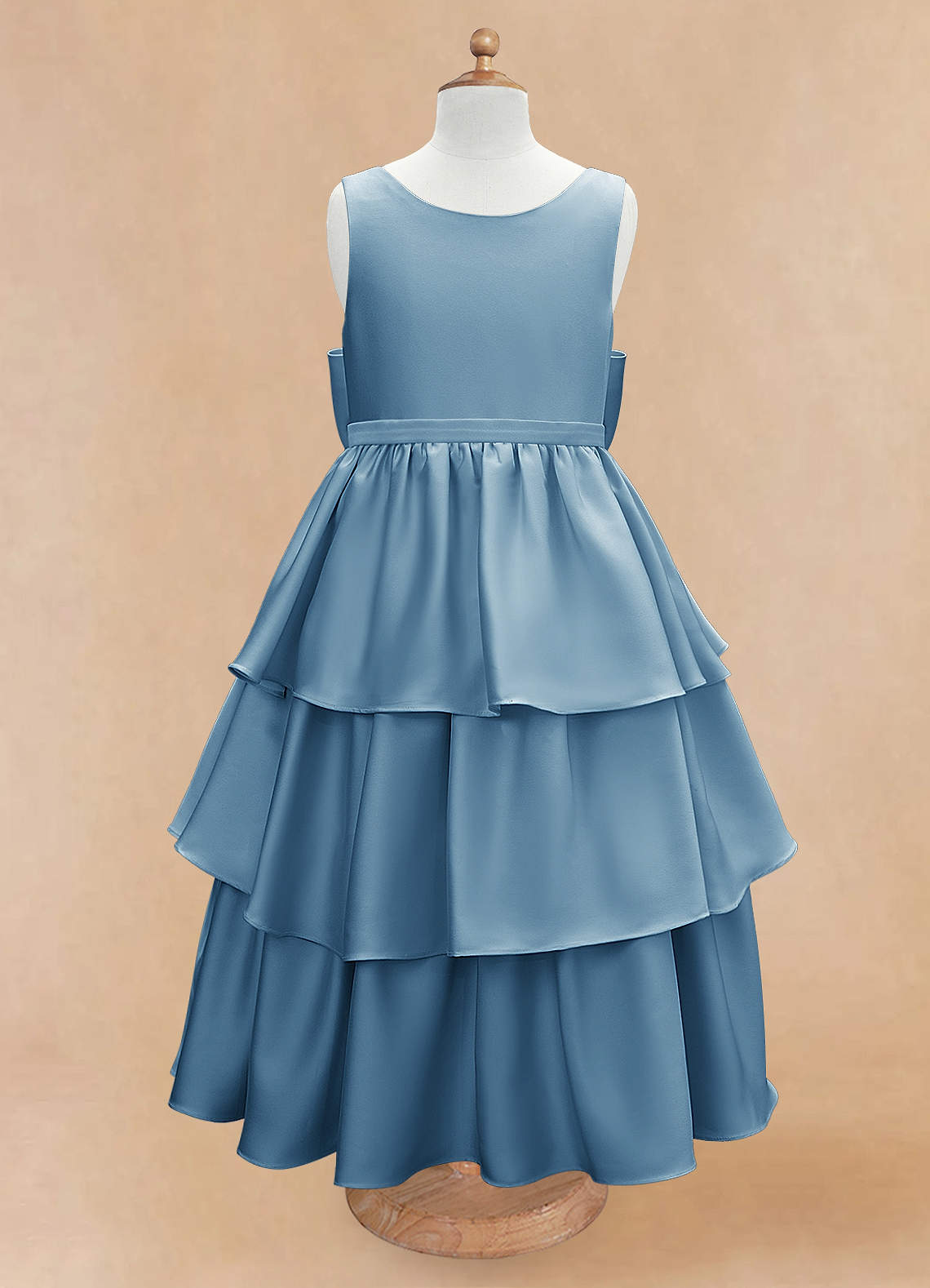 Azazie Margie Flower Girl Dresses Steel Blue A-Line Bow Stretch Satin Dress image2