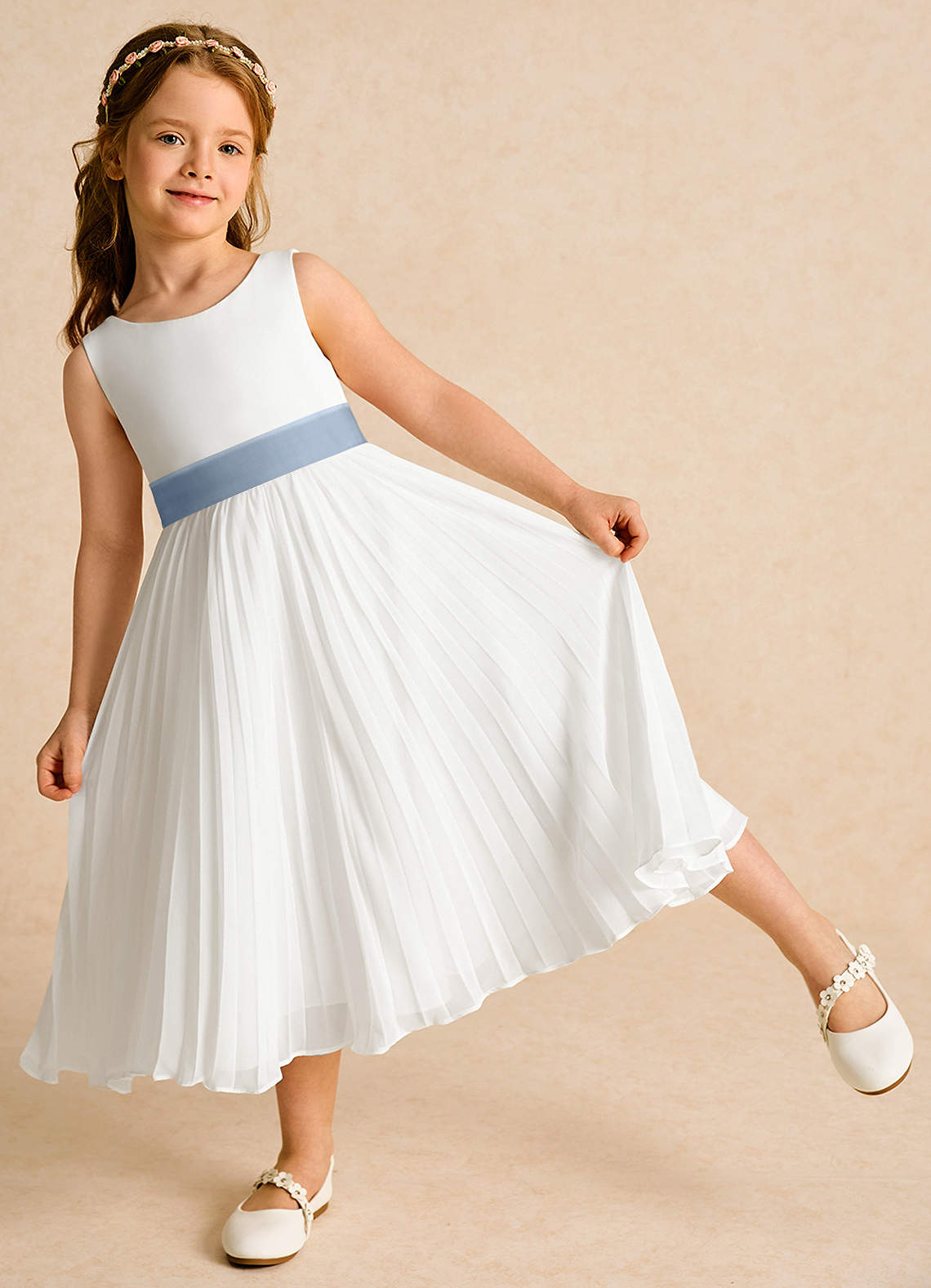 Azazie Margot Abiti da Ragazza di Fiori Abito A-Line in Chiffon Plissettato Avorio Blu Polvere image2