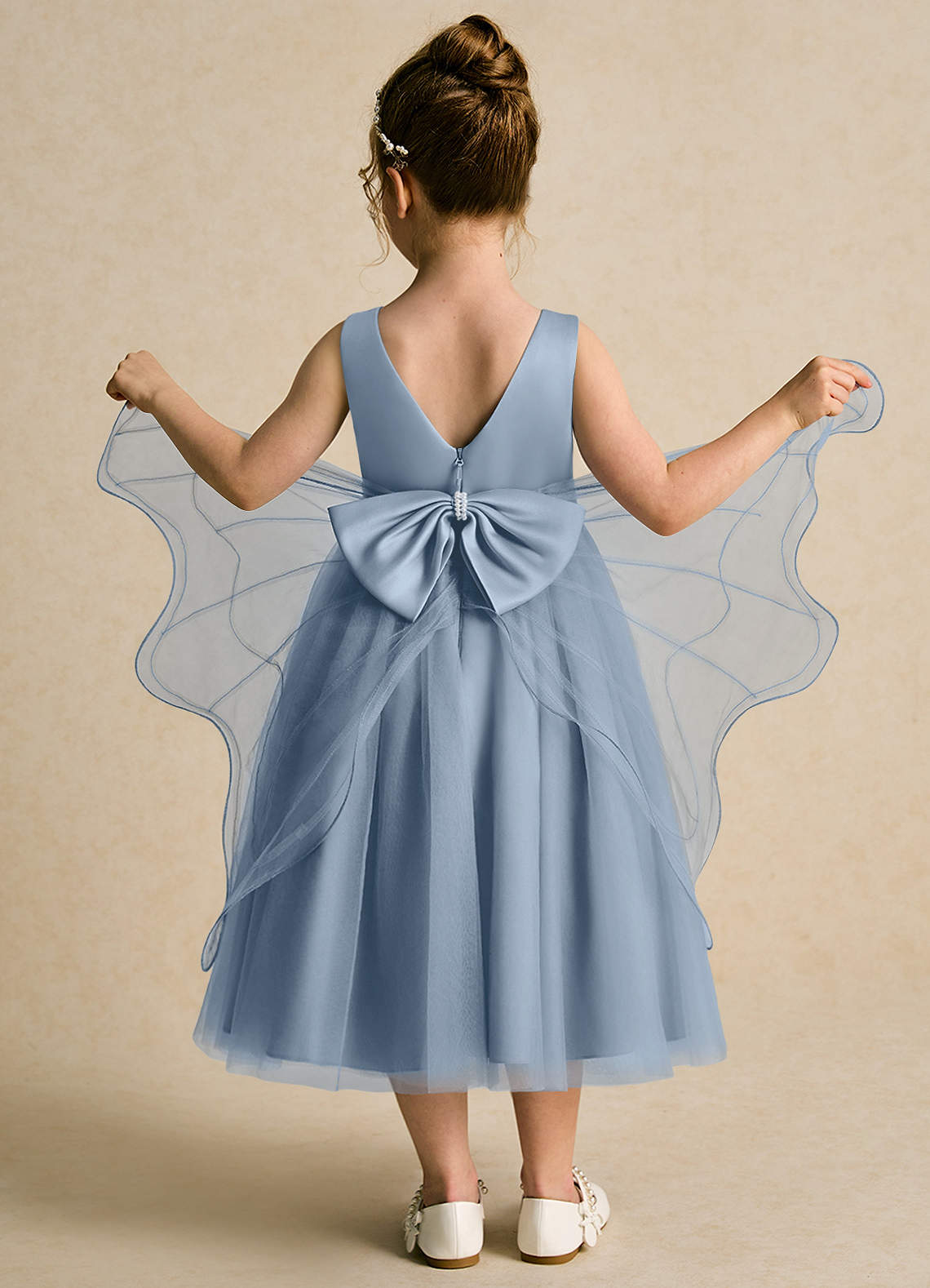 Azazie Pear Flower Girl Dresses Dusty Blue Ball-Gown Bow Tulle Dress image2