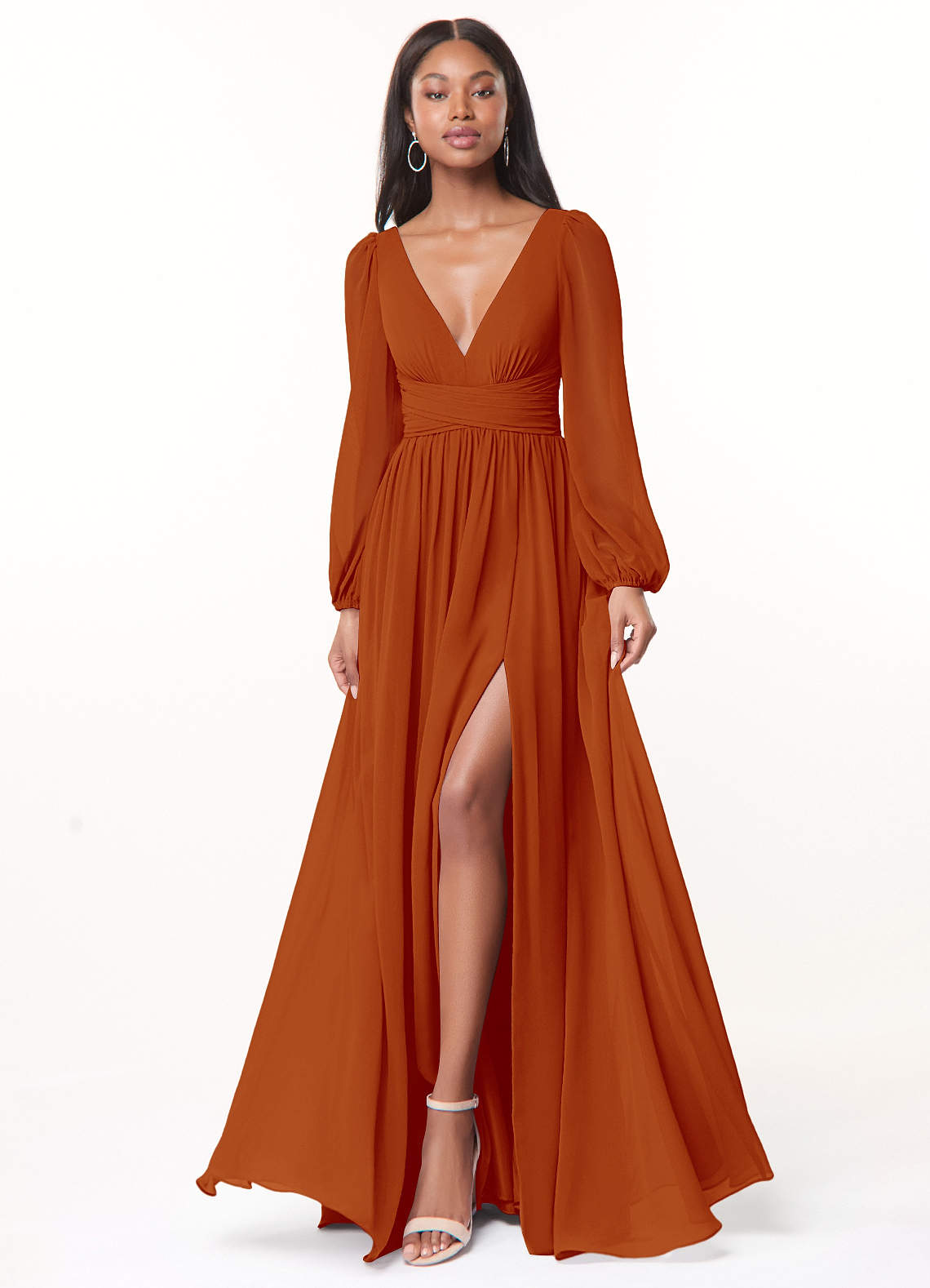 Azazie Norah Bridesmaid Dresses Paprika A-Line V-Neck Long Sleeve Chiffon Dress image1