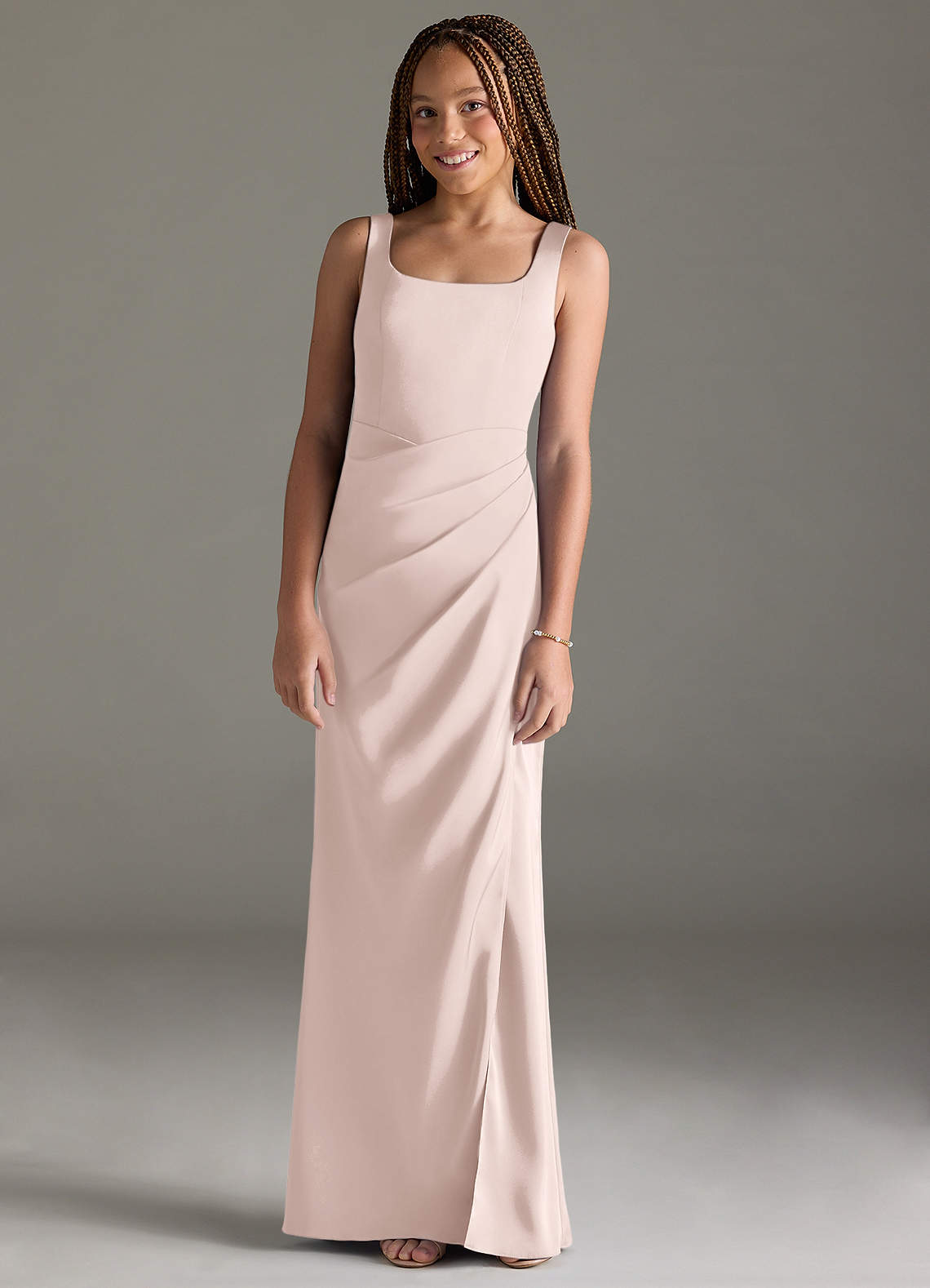 Azazie Mero Junior Vestido de Rosa Rubor de Satén Elástico de Corte Sirena con Plisado image1