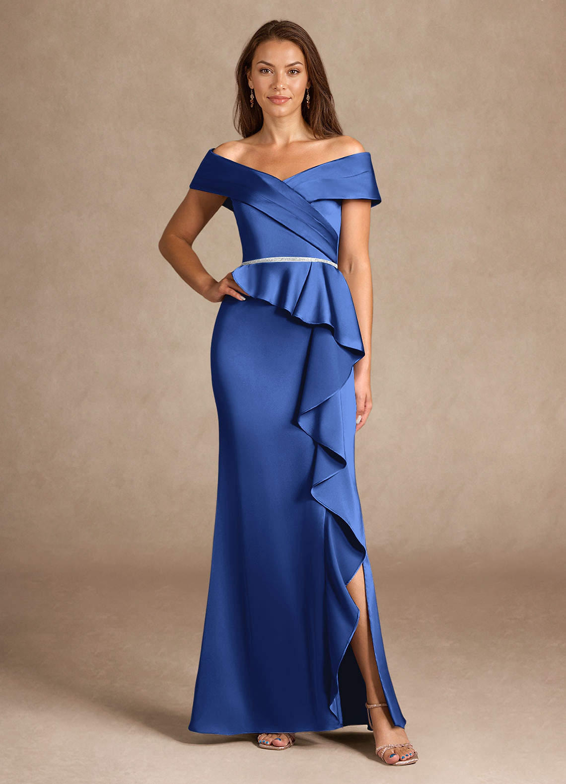 Azazie Dareia Mother of the Bride Dresses Royal Blue Mermaid Off the Shoulder Stretch Satin Dress image1