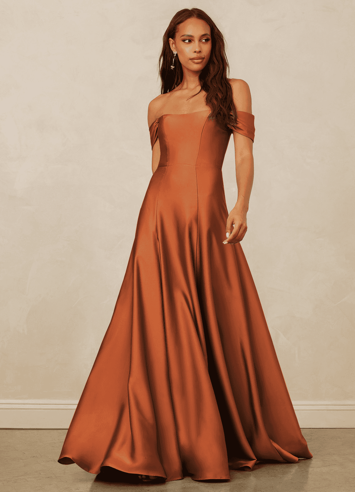Christian Siriano Bridal for Azazie 1002 Bridesmaid Dresses Cinnamon A-Line Off the Shoulder Stretch Satin Convertible Dress image1