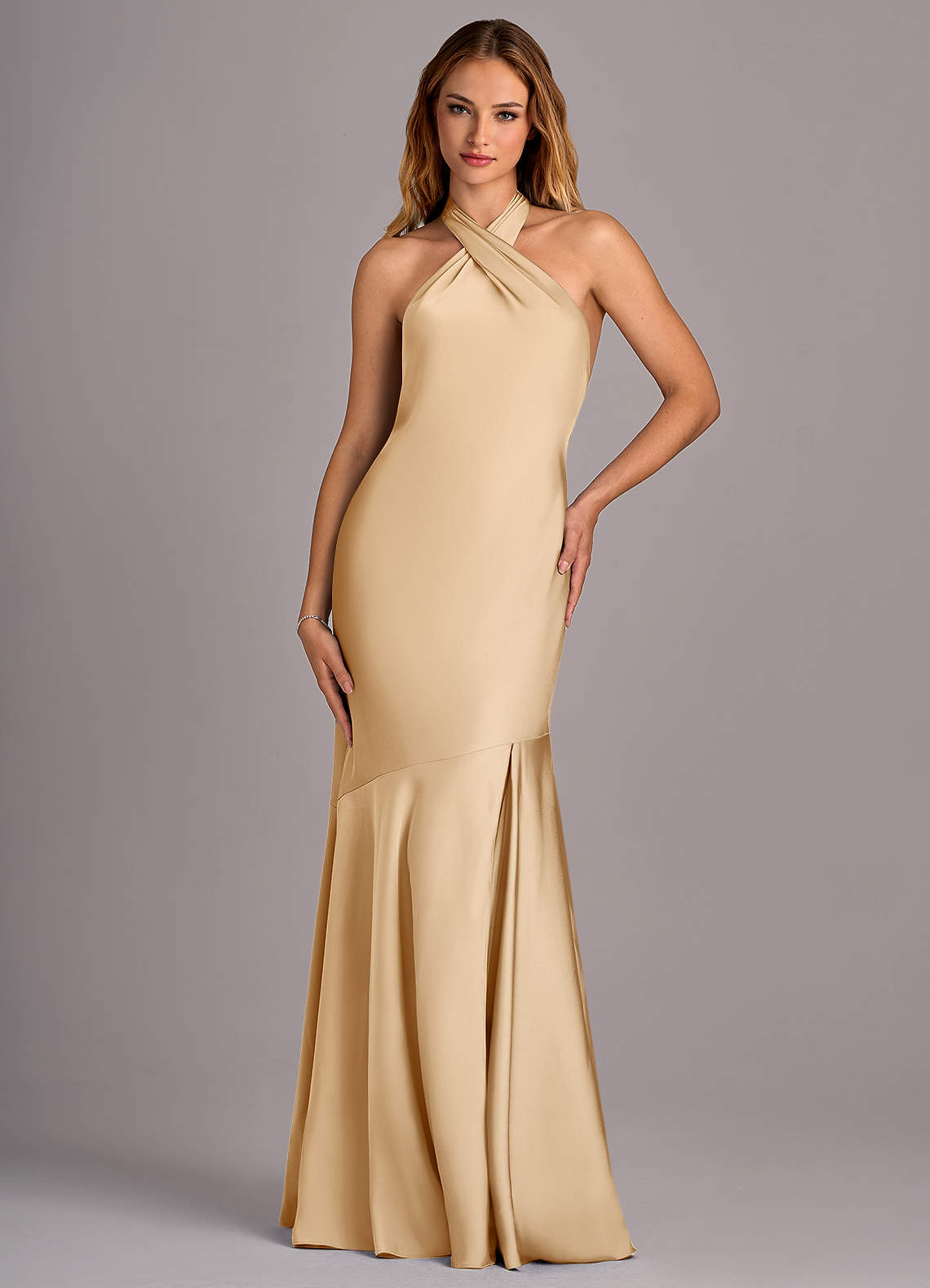 Azazie Lorena Gold Stretch Satin Bridesmaid Dresses | Azazie