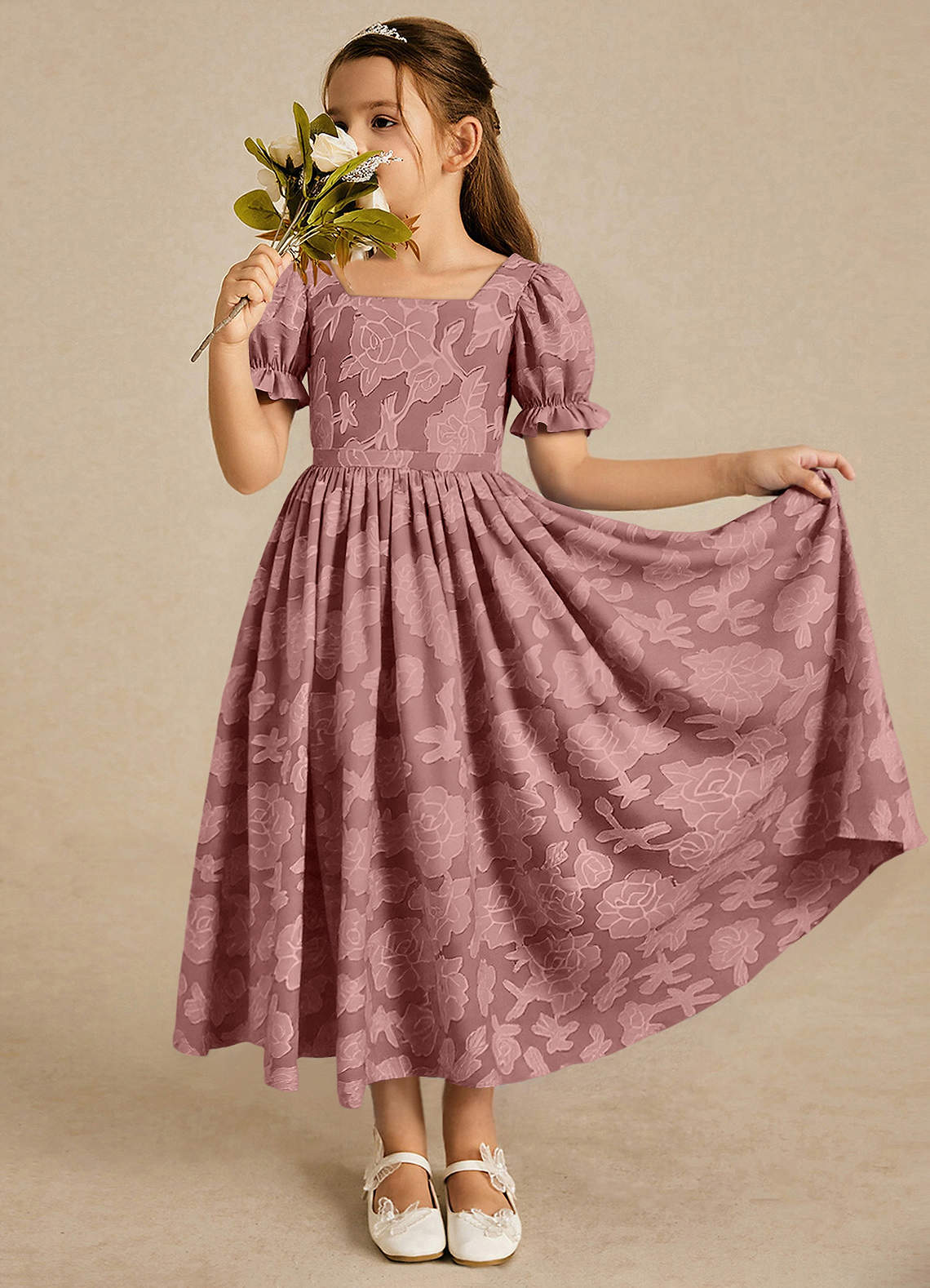 Azazie Joss Flower Girl Dresses Dusty Rose A-Line with Sleeves Floral Burnout Dress image1
