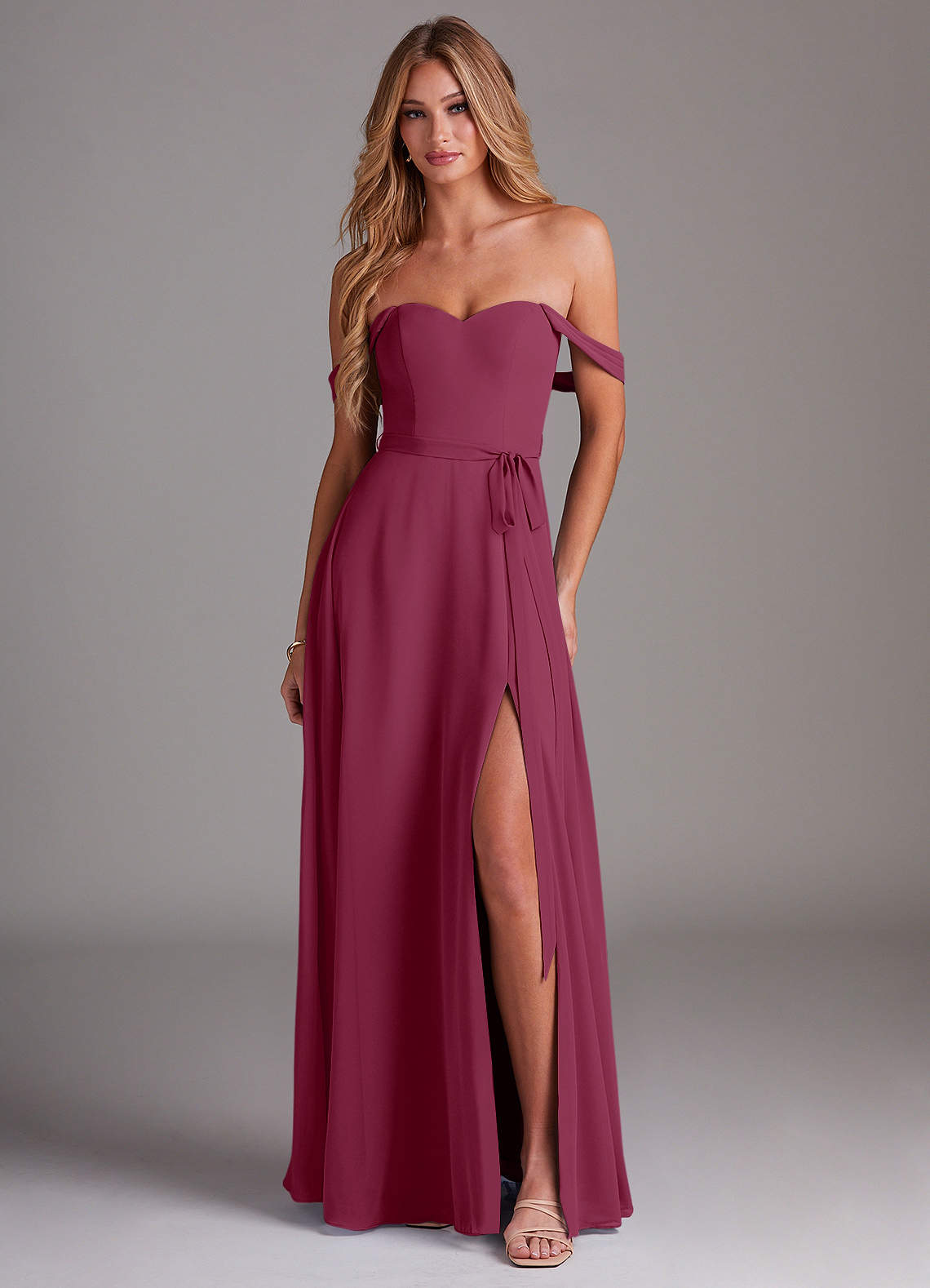 Azazie Aaron Bridesmaid Dresses Mulberry A-Line Off the Shoulder Chiffon Convertible Dress image1