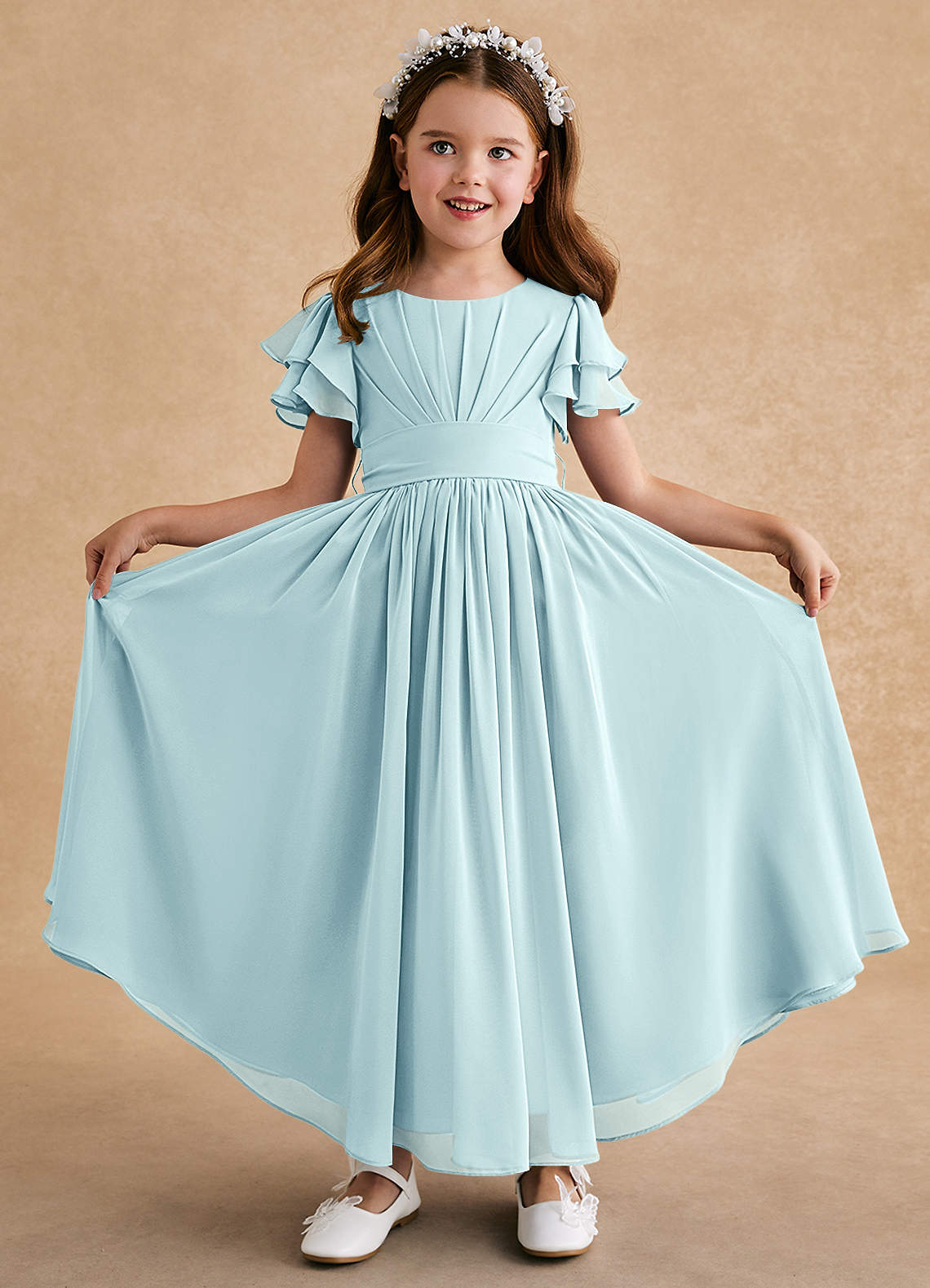Azazie Ali Flower Girl Dresses Sea Glass A-Line Pleated Chiffon Dress image1