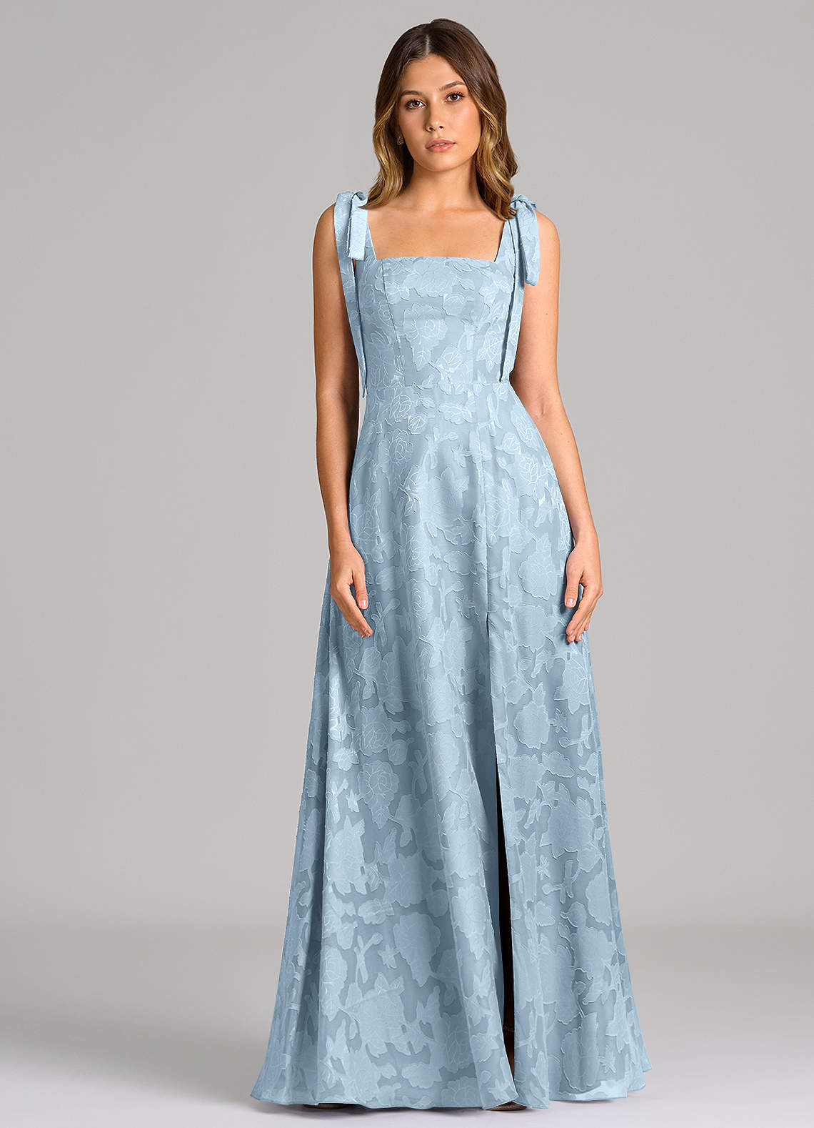 Azazie Debra Vestidos de madrinha de casamento Vestido Céu Azul de Esgotamento Floral de Linha A com com bolsos image3