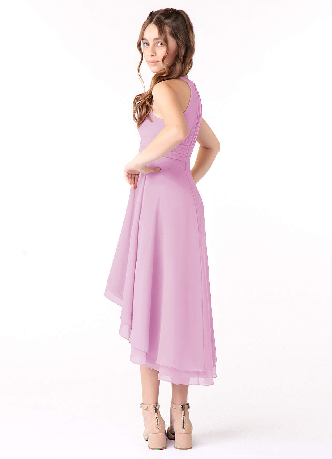 Azazie Linna Junior Vestido de Rosa Caramelo de Gasa de Corte En A con Plisado image1