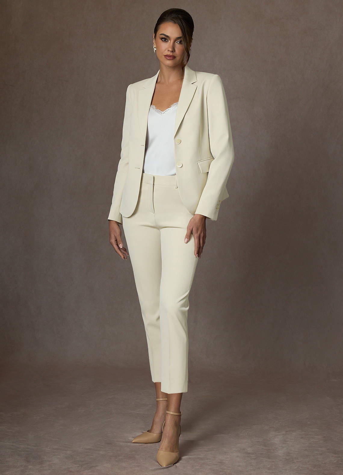 front Victoria Ivory Refined Weave Cropped Pants Suit