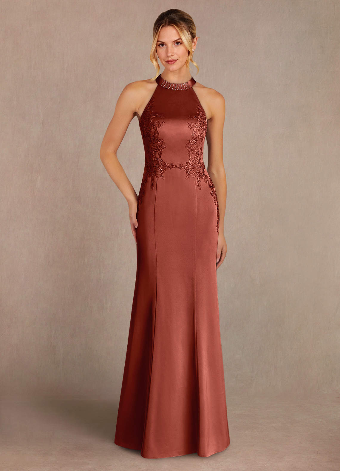 Azazie Tyra Mother of the Bride Dresses Terracotta Mermaid Lace Stretch Satin Dress image1