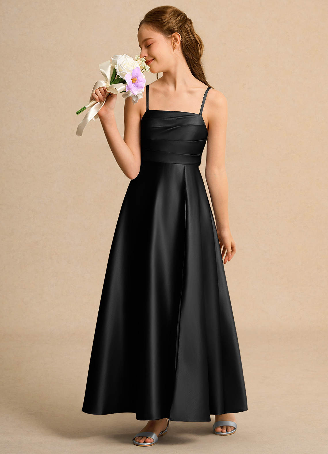Azazie A-Line/Princess Scalloped Neck Ankle-Length Matte Satin Flower Girl Dresses - Black