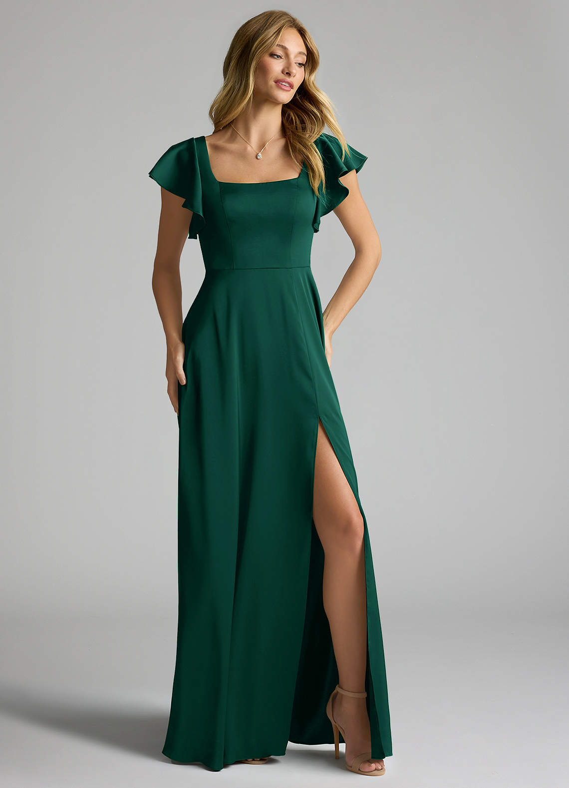 Azazie Bondi Bridesmaid Dresses Emerald A-Line Bow Stretch Satin Dress image1