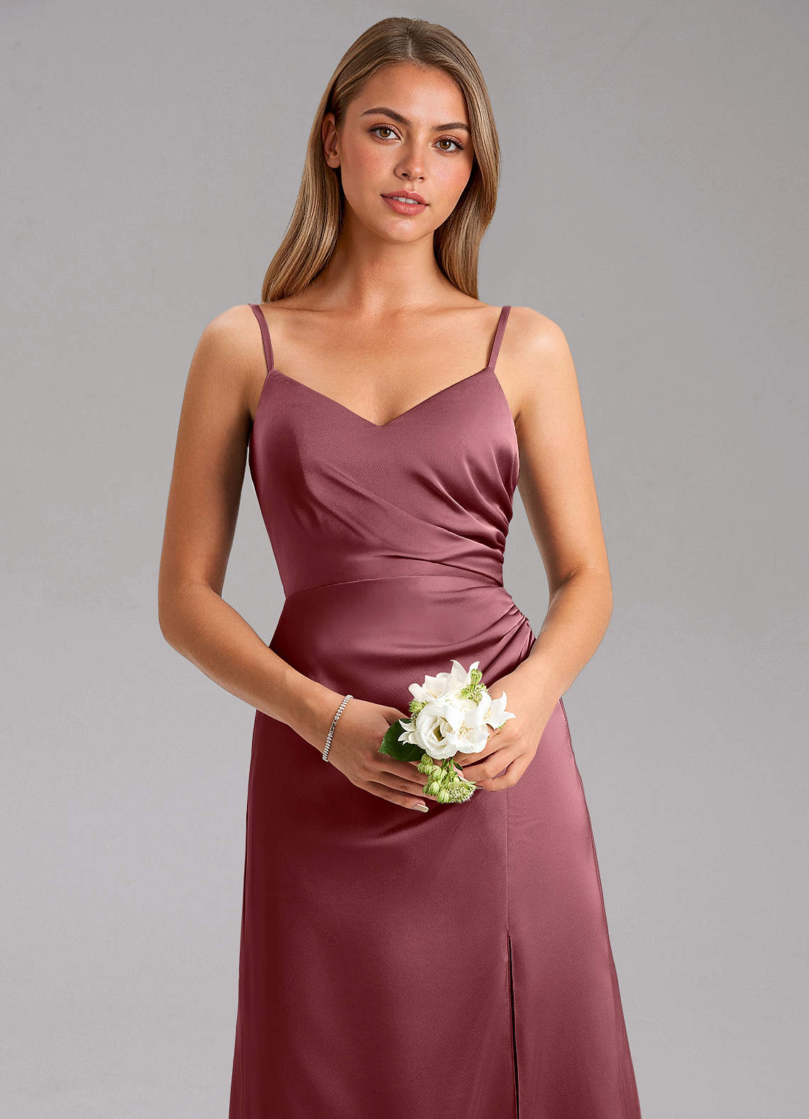 Azazie Azuree Bridesmaid Dresses Desert Rose A-Line Pleated Stretch Satin Dress image13