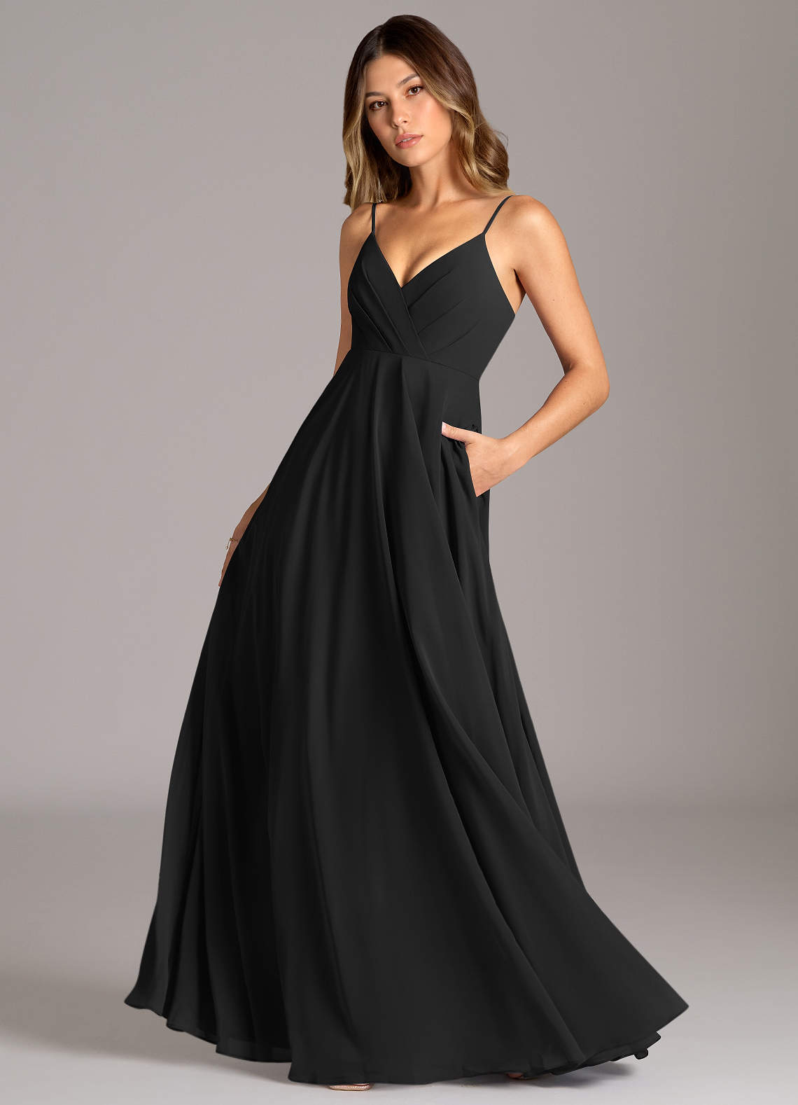 Azazie Amani At-home Try On Dresses Black A-Line Pleated Chiffon Dress image1