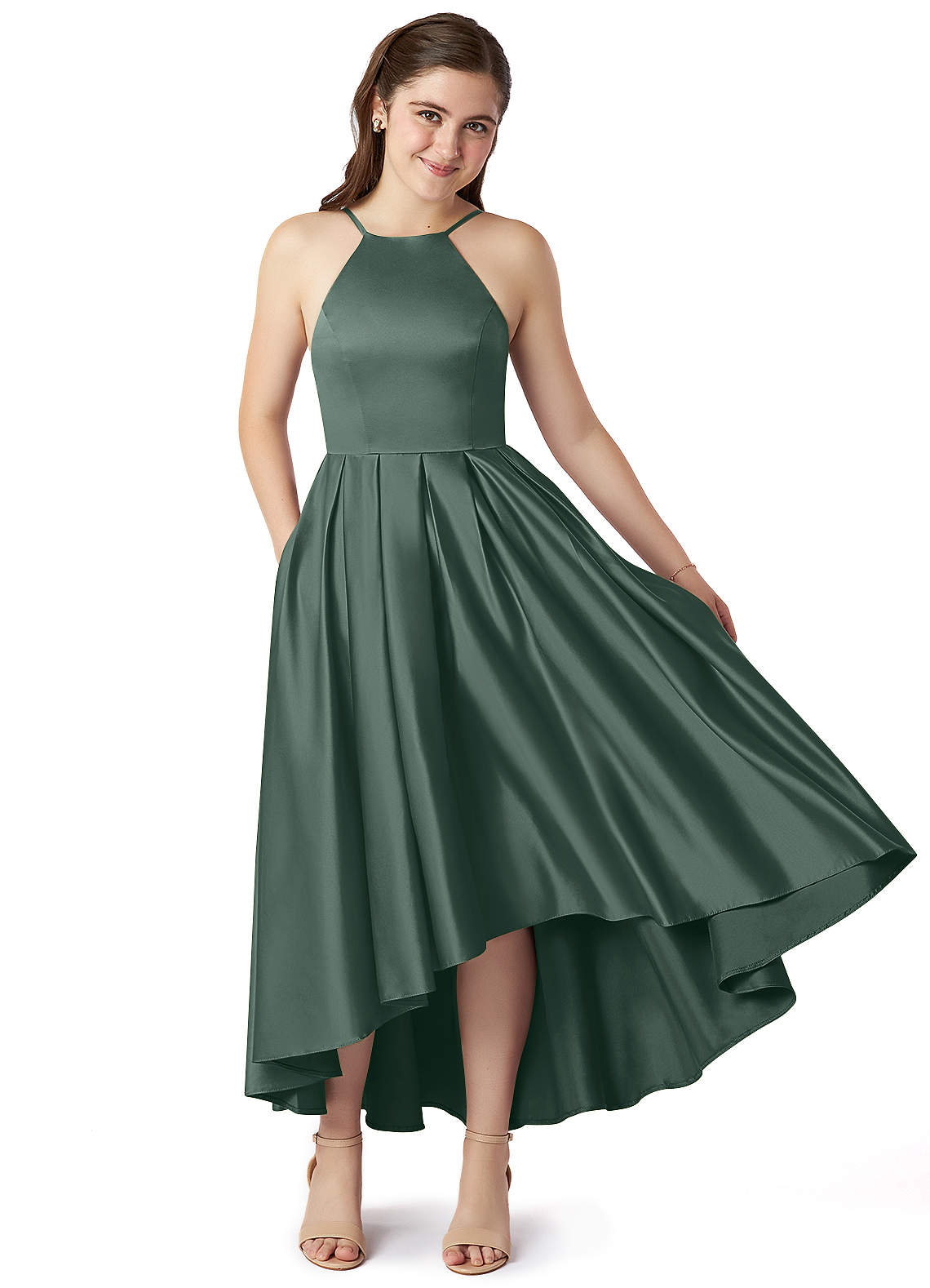 Azazie Jemima Junior Robe Trapèze en Satin extensible avec poches Mousse De Mer image1