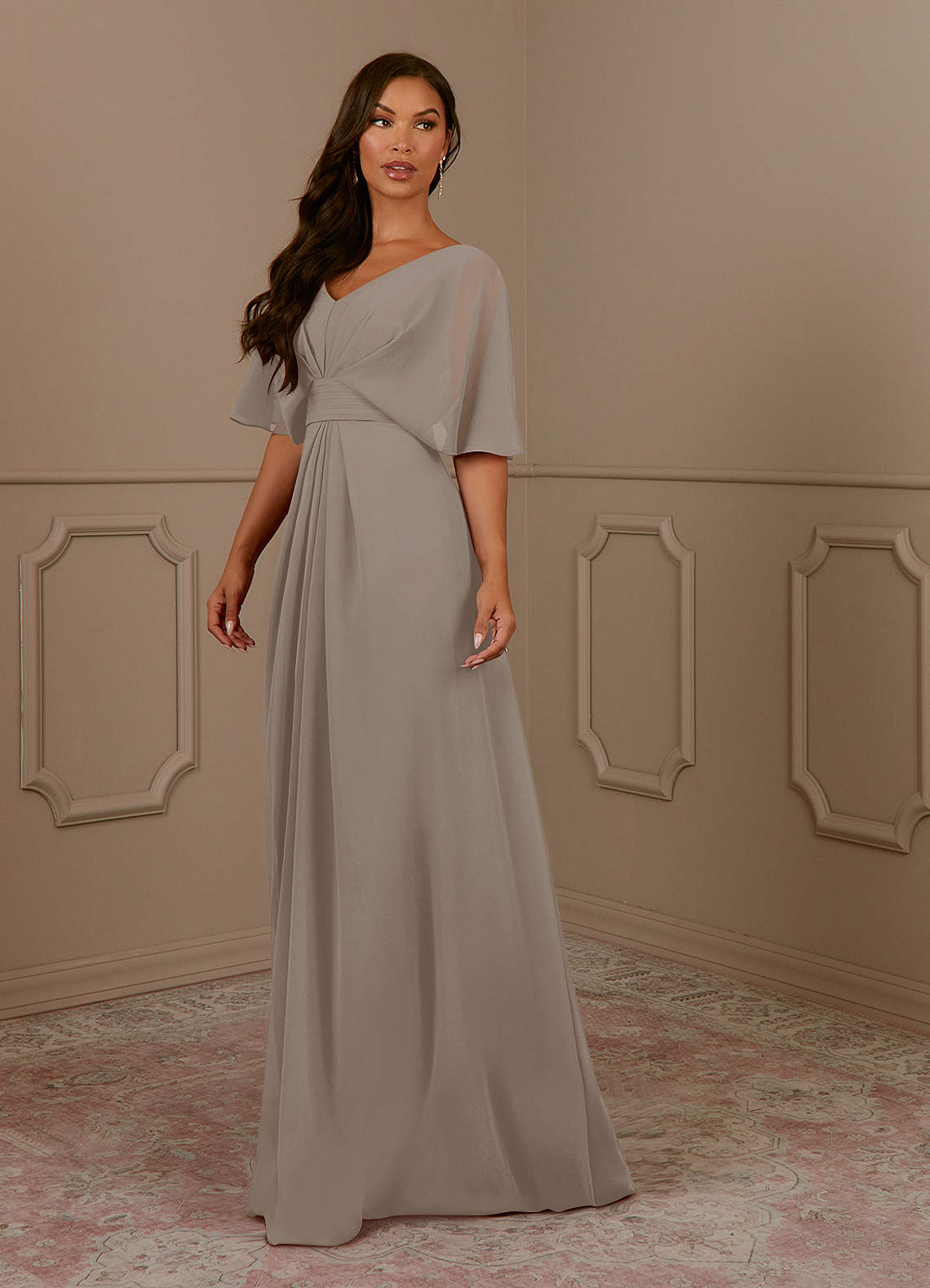 Azazie Oksana Kleider für die Brautmutter A-Linie V-Hals Gefaltet Chiffon Kleid Taupe image1