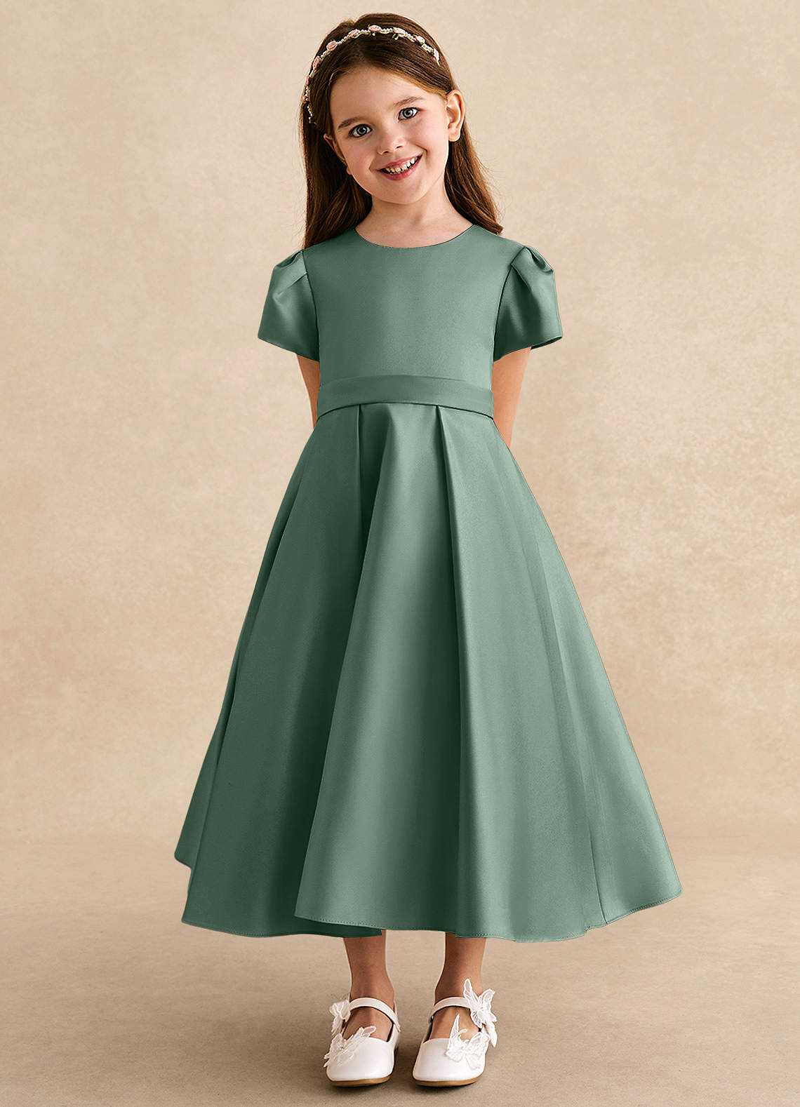 Azazie Princess Flower Girl Dresses Eucalyptus A-Line Pleated Matte Satin Dress image5