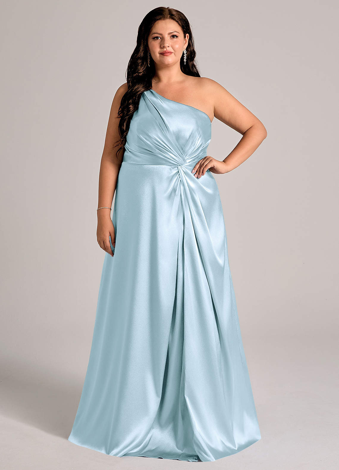 Azazie Brooke Bridesmaid Dresses Sky Blue A-Line One Shoulder Metallic Satin Dress image1