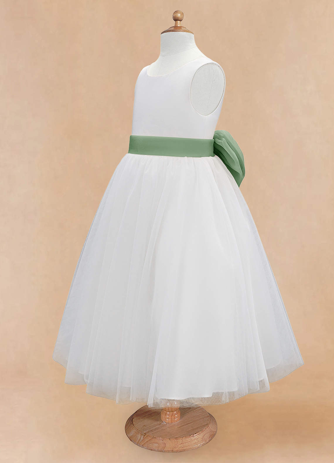 Azazie Kavi Robe Demoiselle D'honneur Fillette Robe Trapèze en Mat Satiné Arc Ivoire Matcha image8